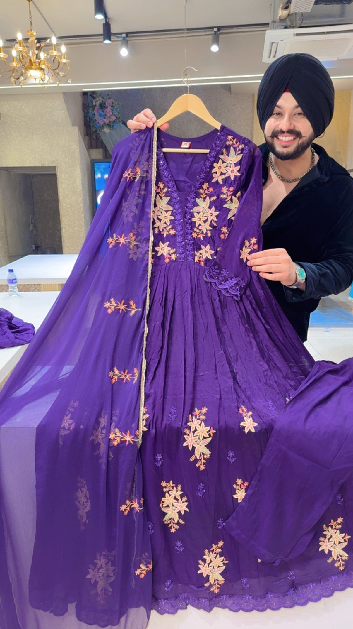 Purple Chinon Heavy Embroidered Full Flair Anarkali Suit with Beautiful embroidered Duppata
