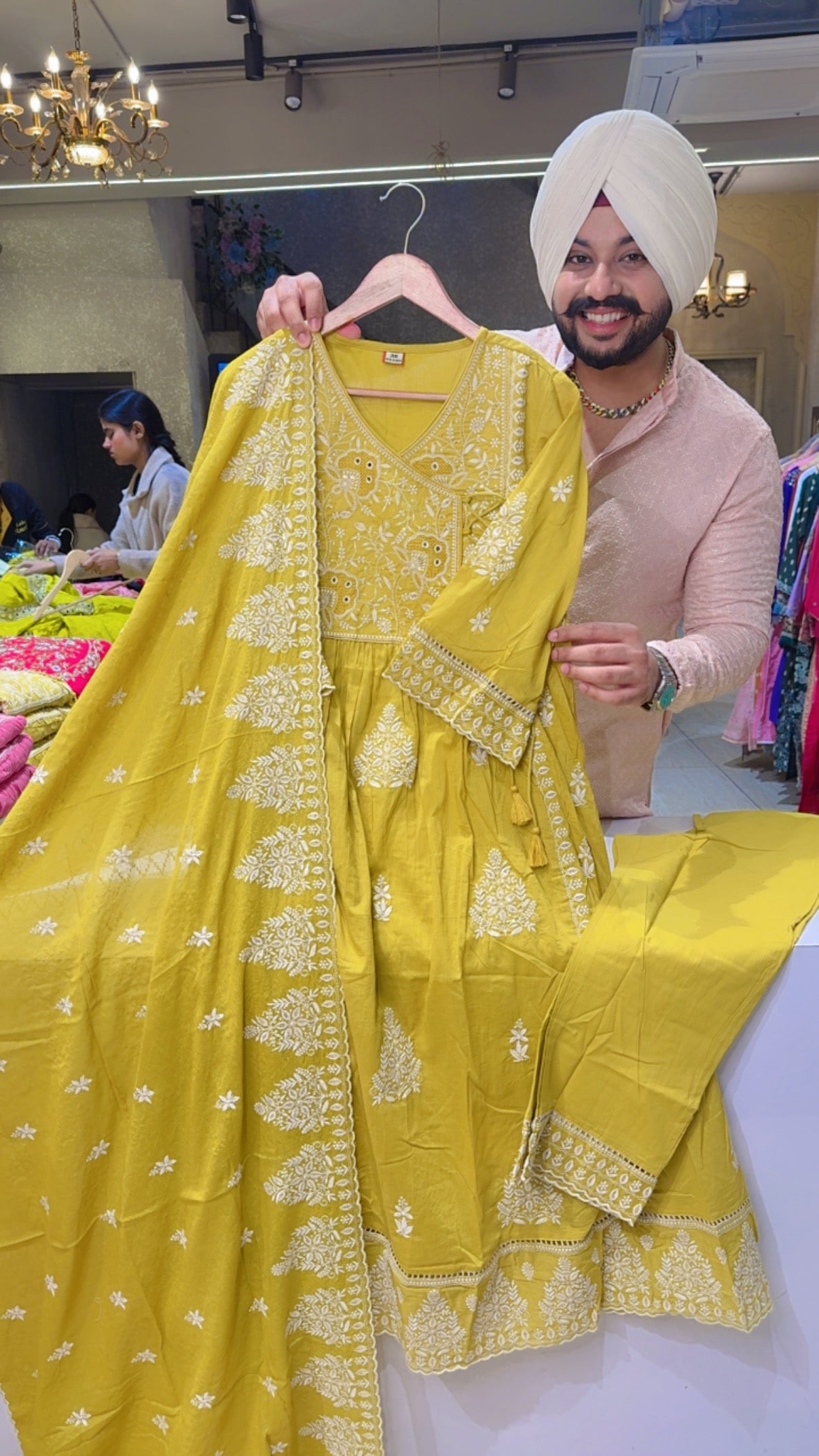 Yellow Mal Cotton Angrakha Front Gattering A-line  Fully Embroidered Suit