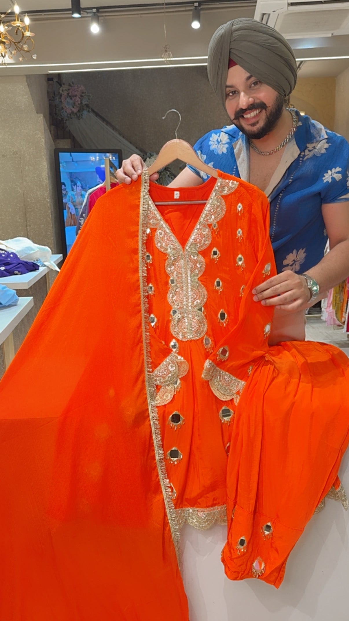 Orange Crepe Heavy Mirror & Hand work Paplum Farshi Salwar Set with Beautiful Chinon Duppata