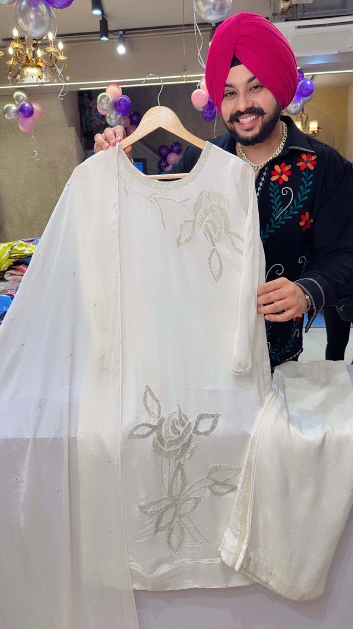 Moon white Chinon Hand Embroidered Royal Straight suit