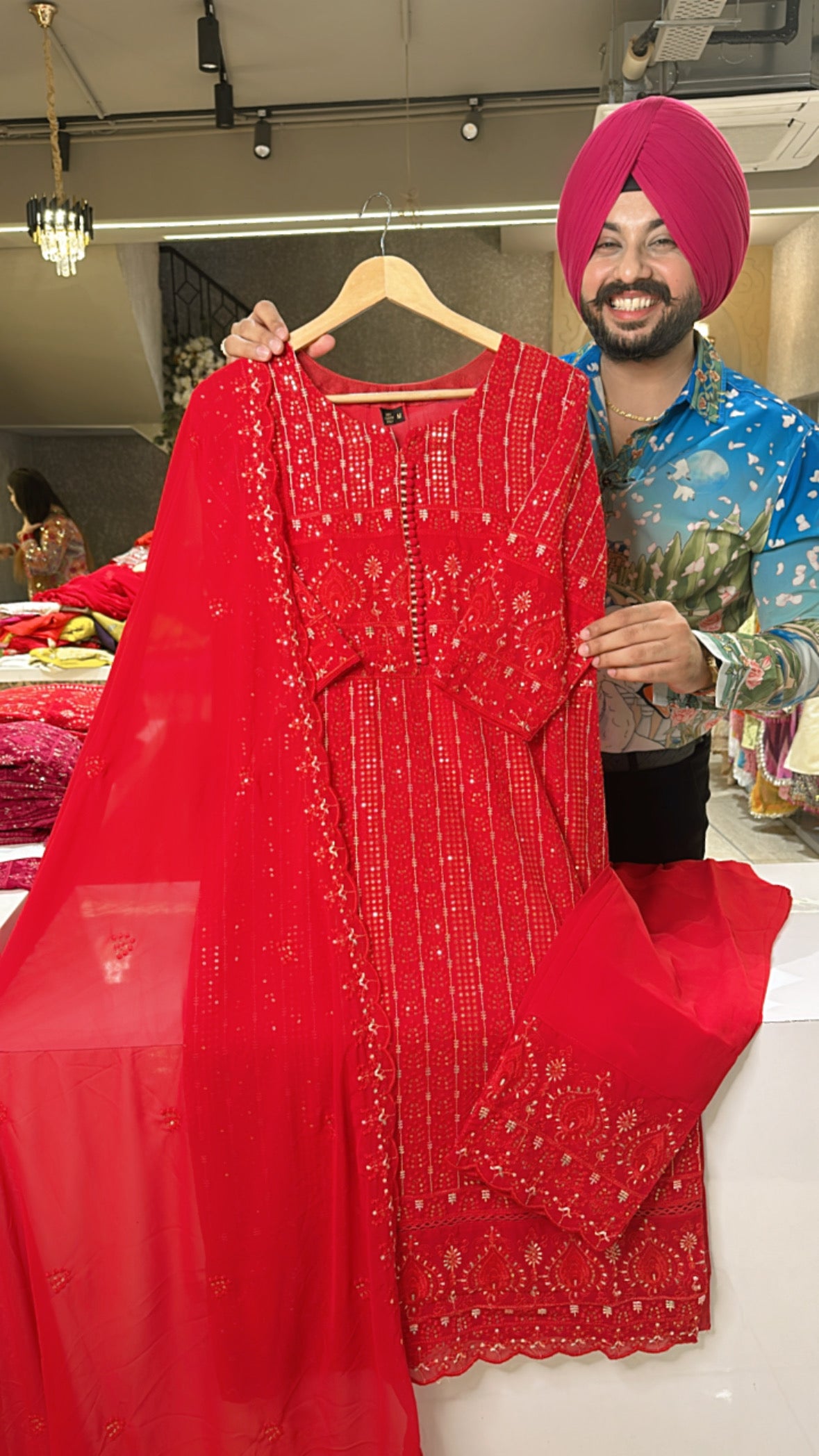 Vibrant Red Georgette Fully embroidered Straight Suit