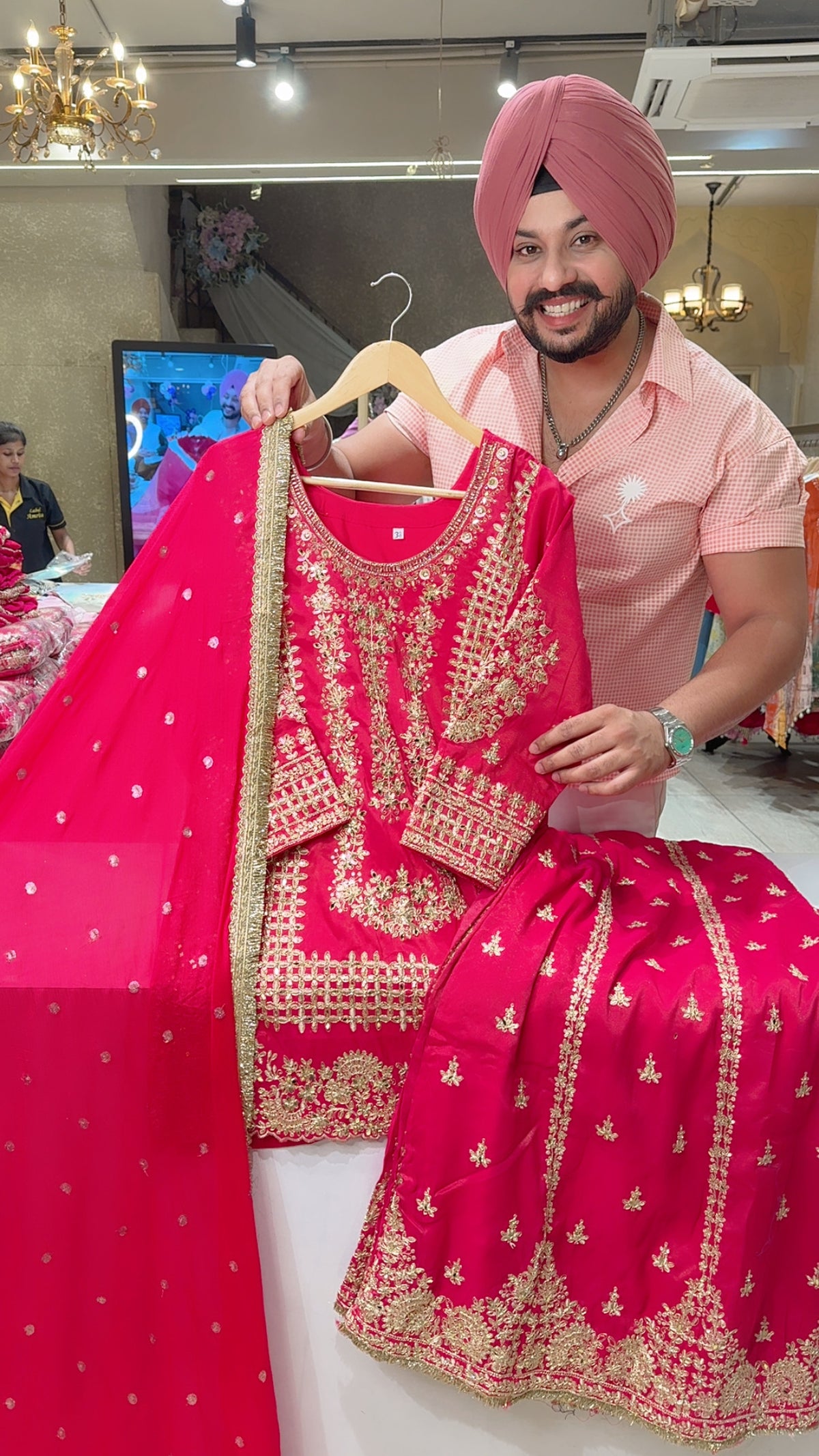 Gajri Pink Shimmer silk Heavy Hand embroidered & Mirror Pasting Party Wear Suit with Fully Embroidered Sharara