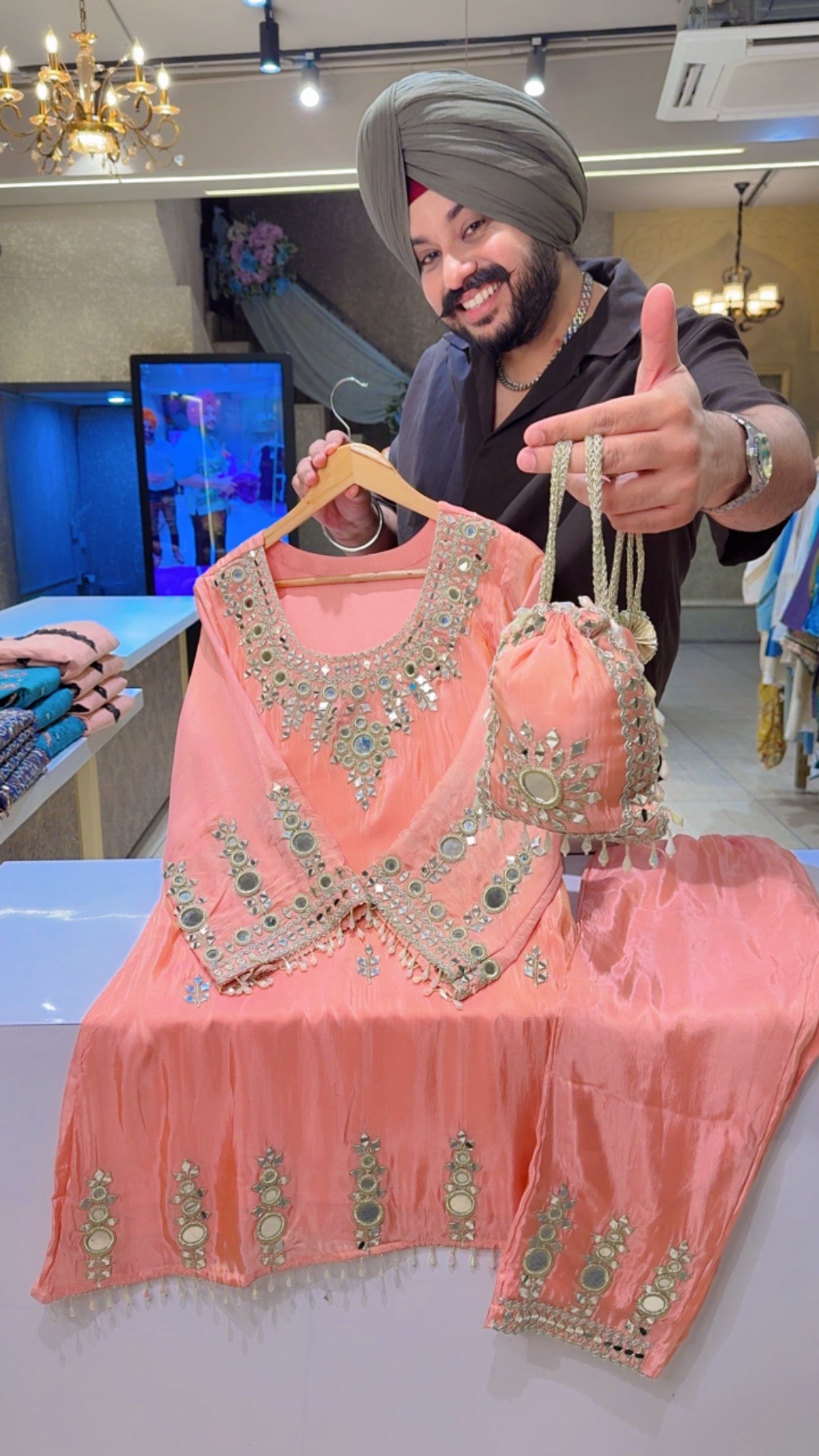 Peachish Pink Shimmer Silk Heavy Mirror Embroidered Indowestern Coordset With Styish Potli