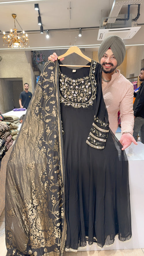 Bottle Green Crepe Front & Back Fully Mirror Work Party Wear Anarkali suit with Beautiful Chinon Duppata main image 1