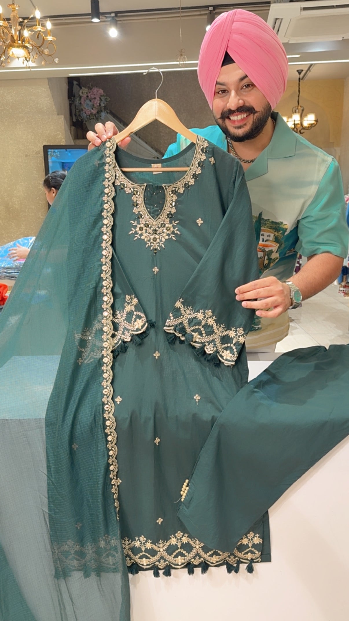 Dark Green Pure Cotton Beautiful Embroidery & Mirror Work Party Wear straight Suit with Kota Doria Duppata