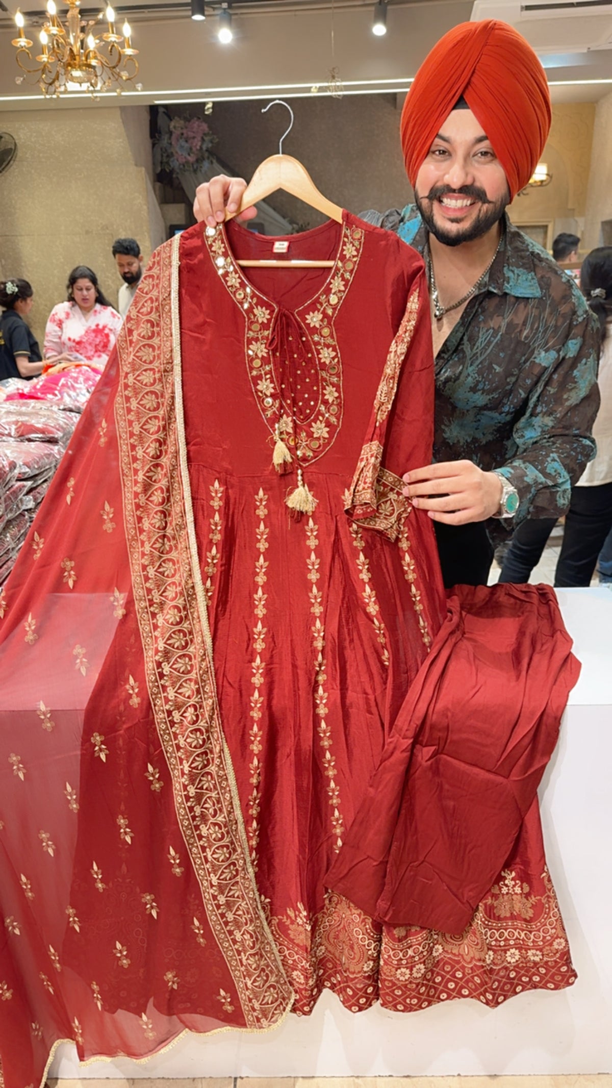 Maroon Chinon Block Printed Partywear Anarkali suit with  Hand Embroidery Work on Designer Neck