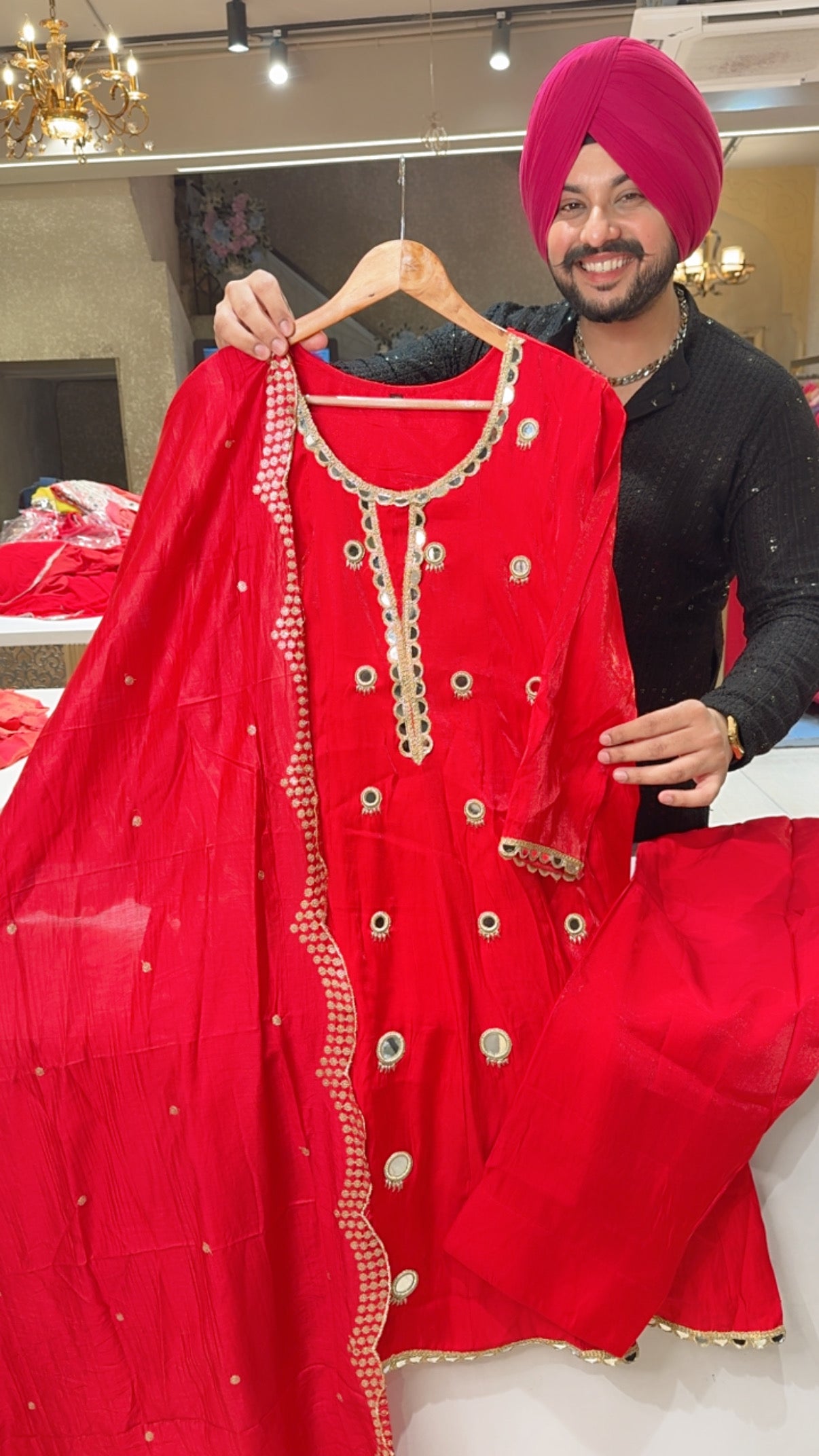 Red Glass Tissue Heavy Mirror Work Short Anarkali Suit with Embroidered Silk Duppata