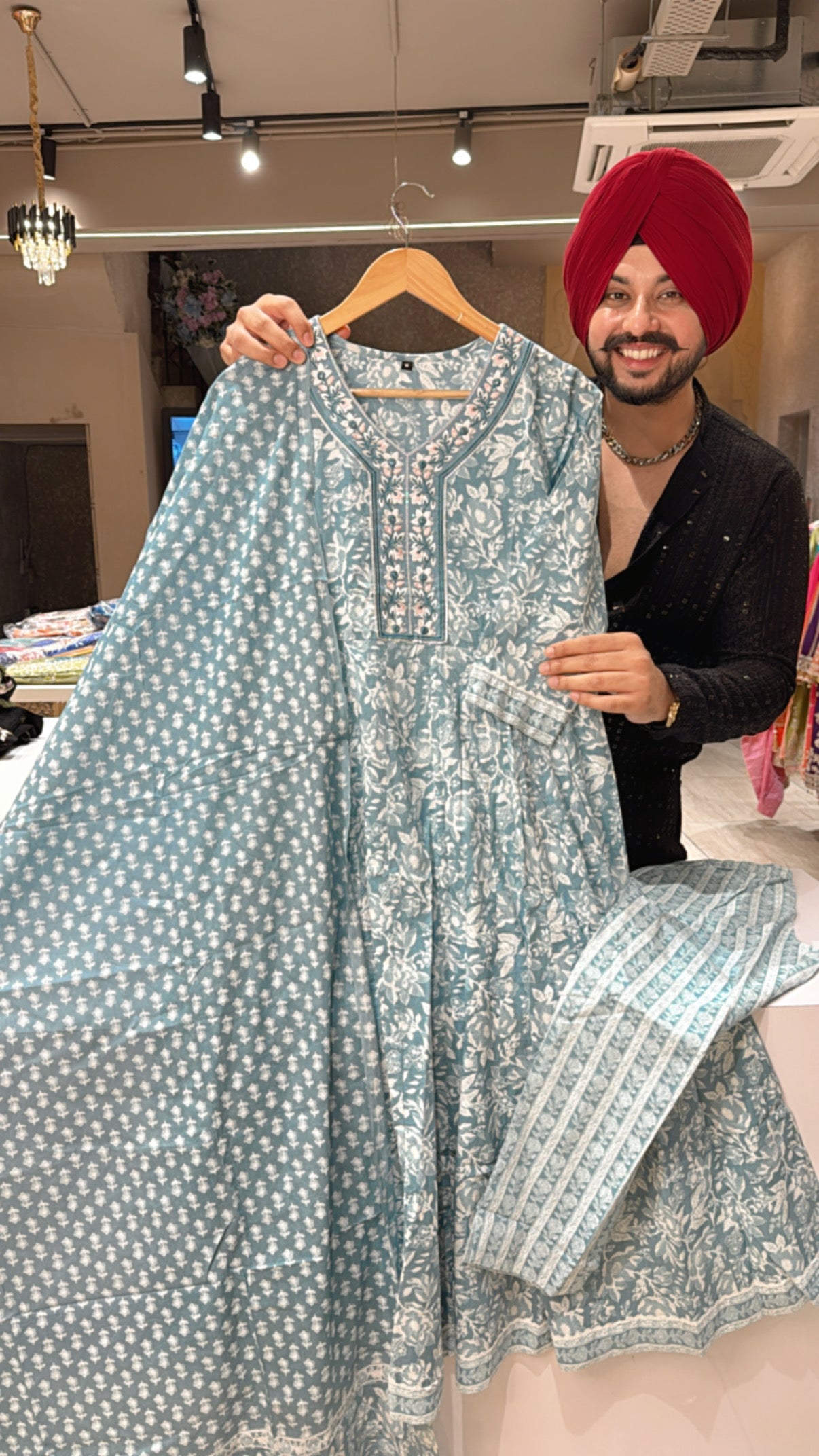 Ice Blue Pure Cotton Full Flair Office Wear Anarkali suit with Beautiful Duppata