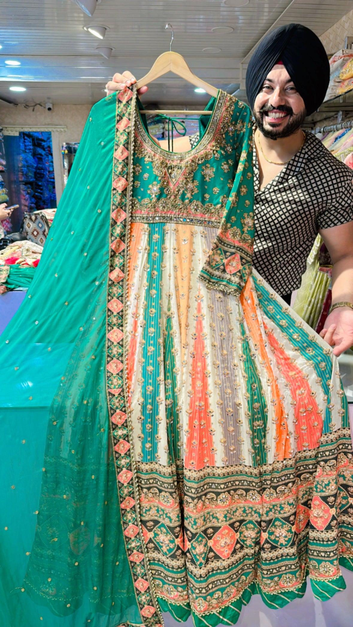 Green Multi coloured mirror Hand Work Chinon Heavy Gown with Beautiful Duppata