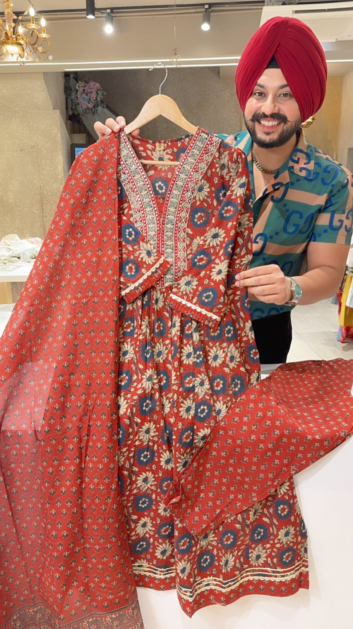 Rust Pure Cotton Office Wear a-line Suits with Beautiful Embroidery Work on Neck