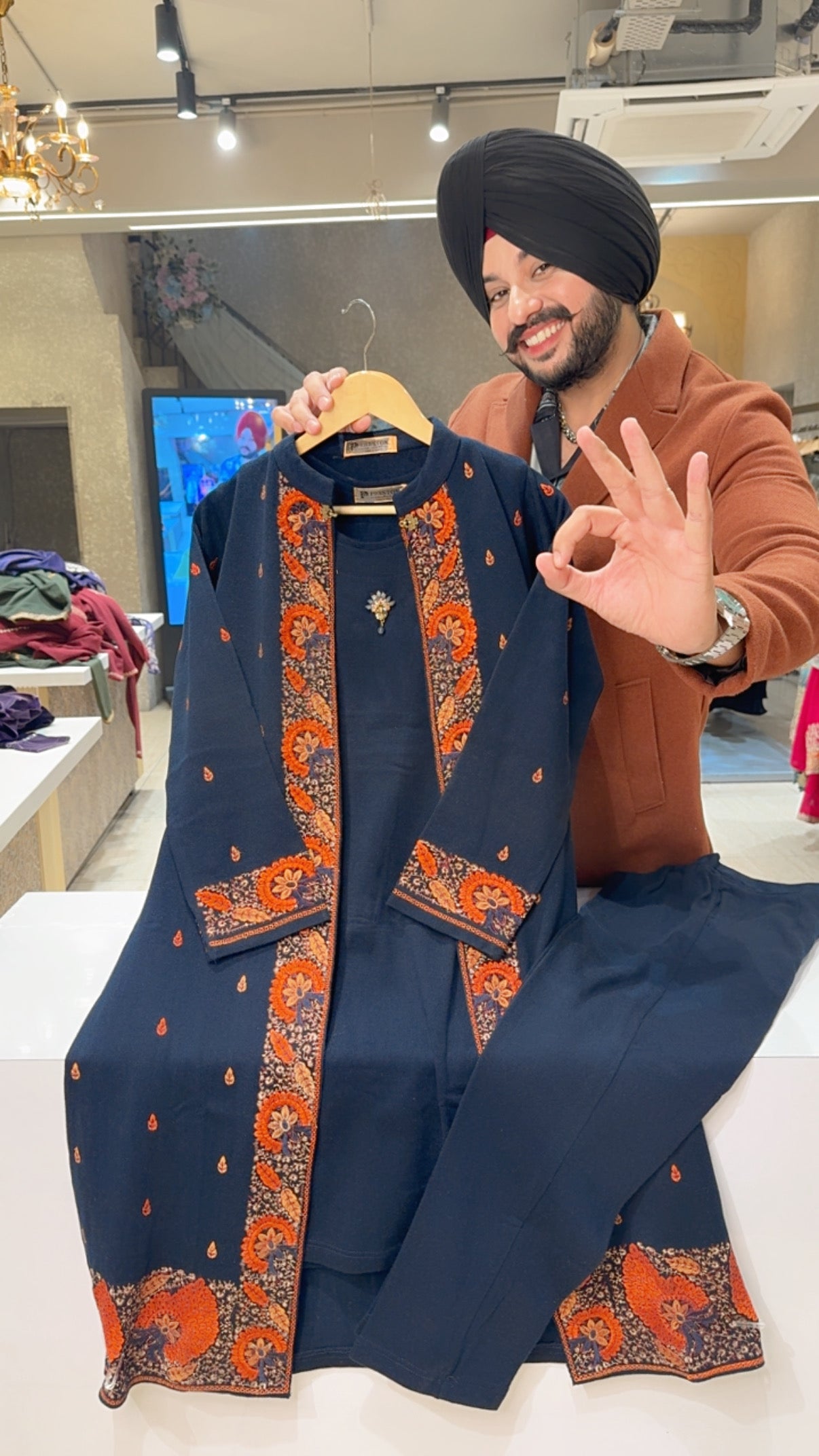 Navy Blue Woolen Long Length Coord set with Heavy embroidered Stylish Shrug