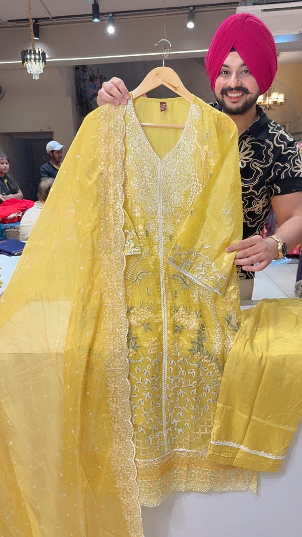 Lemon Yellow Crush Shimmer Organza Heavy embroidered Kashmiri Suit with Beautiful Sequins Work Organza Duppata