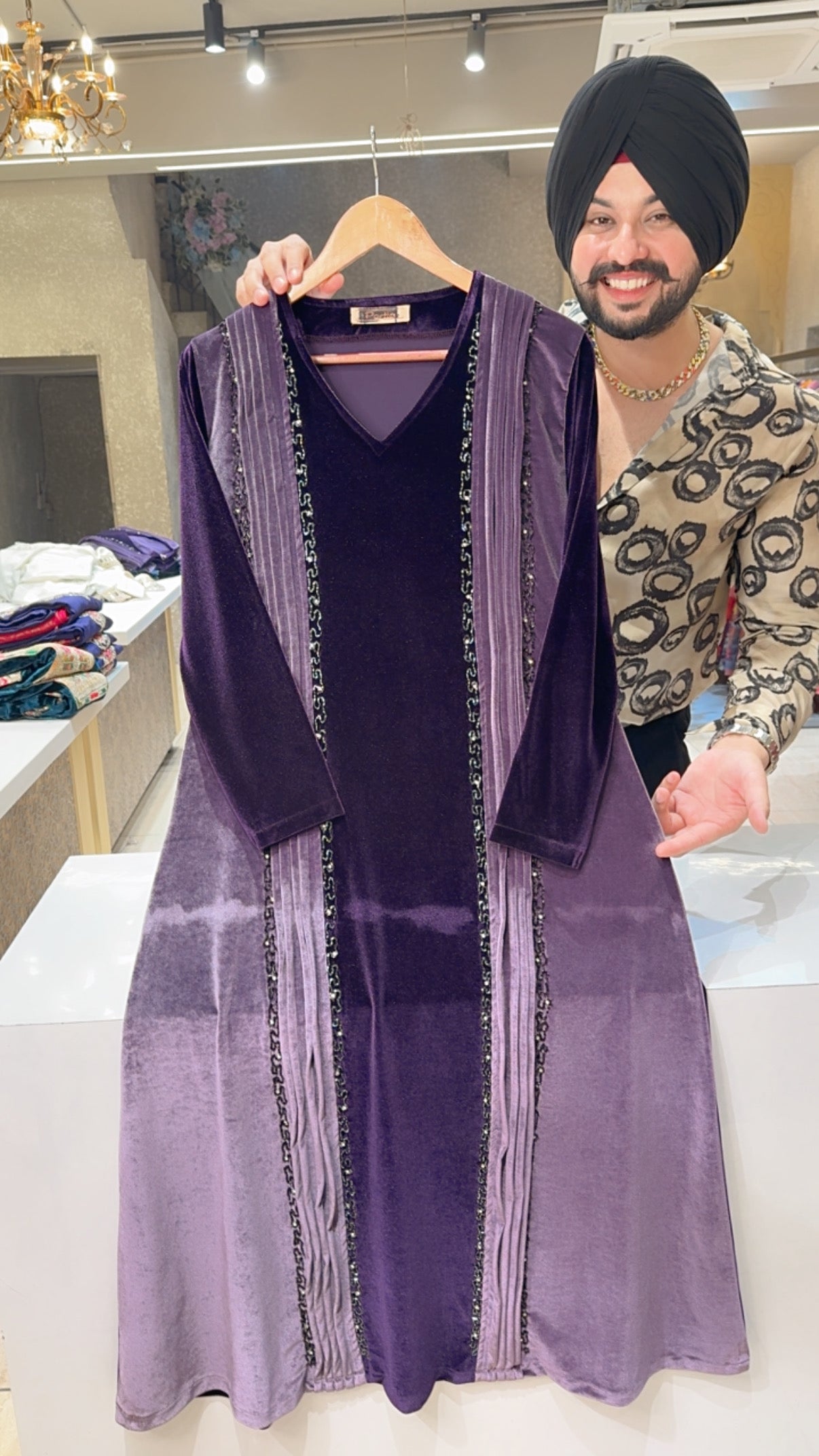 Purple & Mauve Premium Stretchable Velvet Hand Embroidered Party Wear Dress