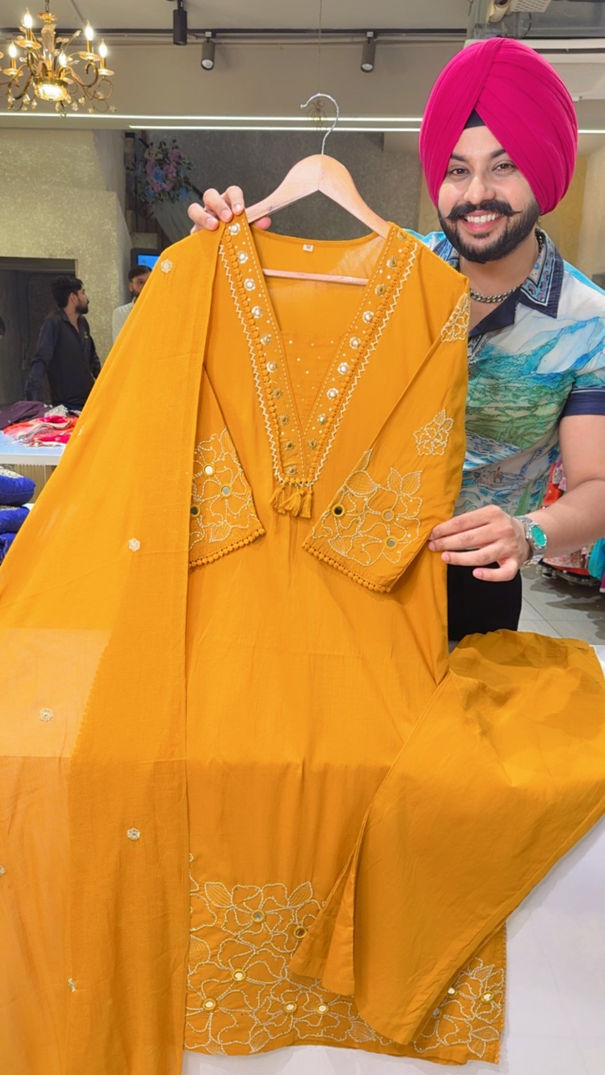 Mustard yellow Colour Soft Cotton Semiformal Straight Suit with Heavy Embroidery work on sleeves & Border