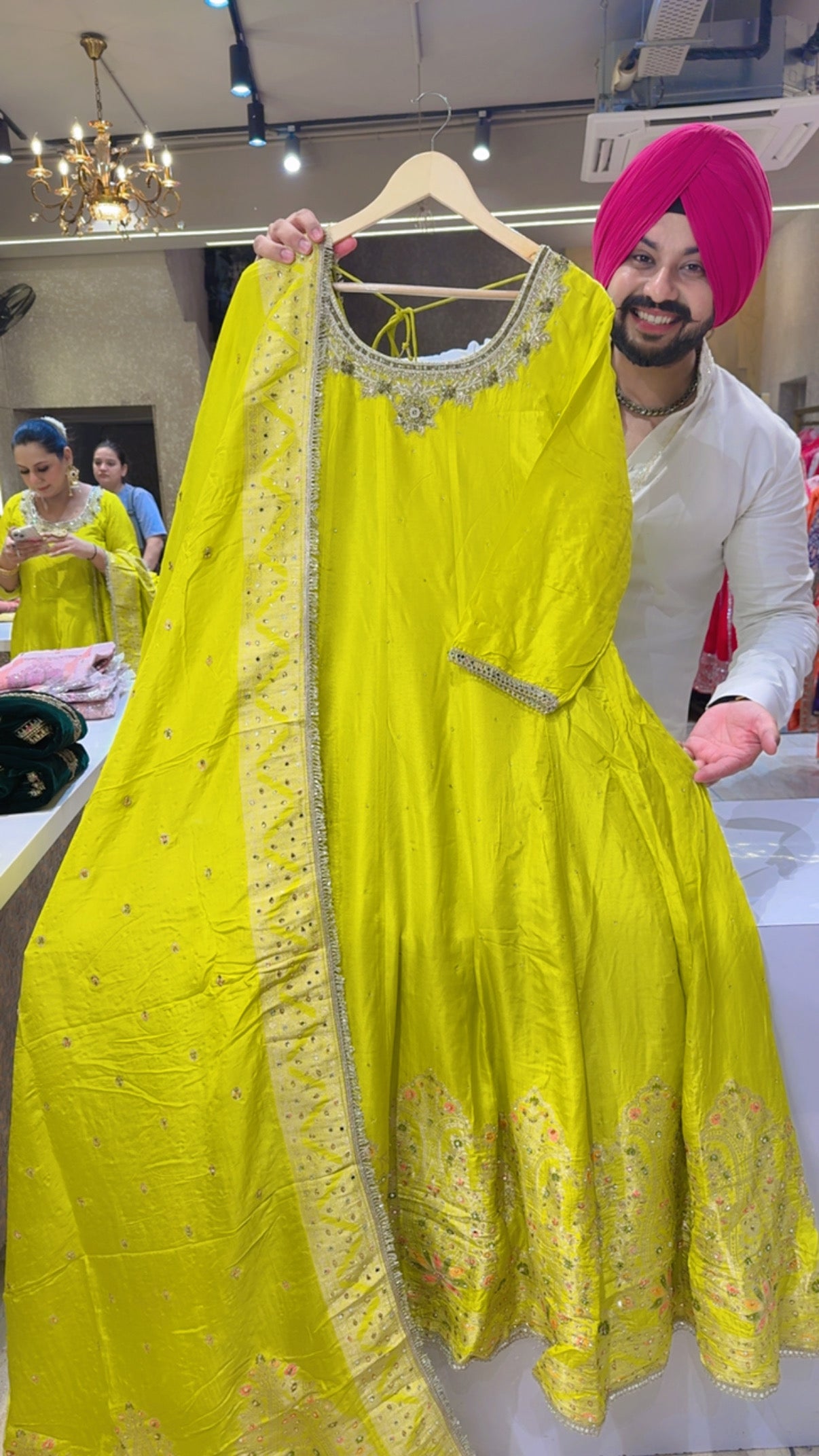 Parrot Green Soft Silk Fill Flair Hand embroidered Anarkali Gown with Heavy Banarasi Border & Duppata