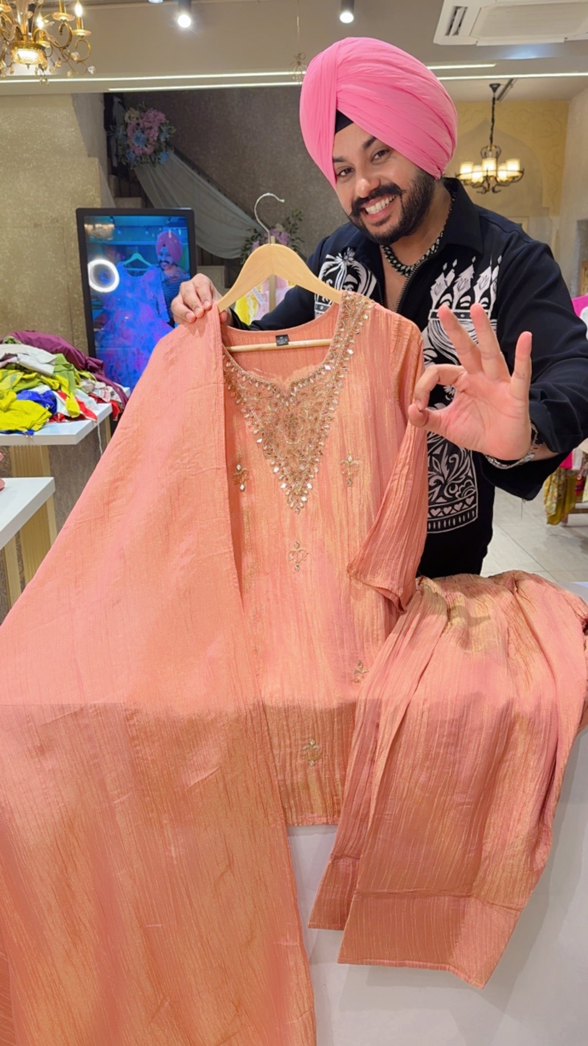 Pastel Pink Crush Shimmer Tissue Hand embroidered Party Wear Farshi Salwar Suit