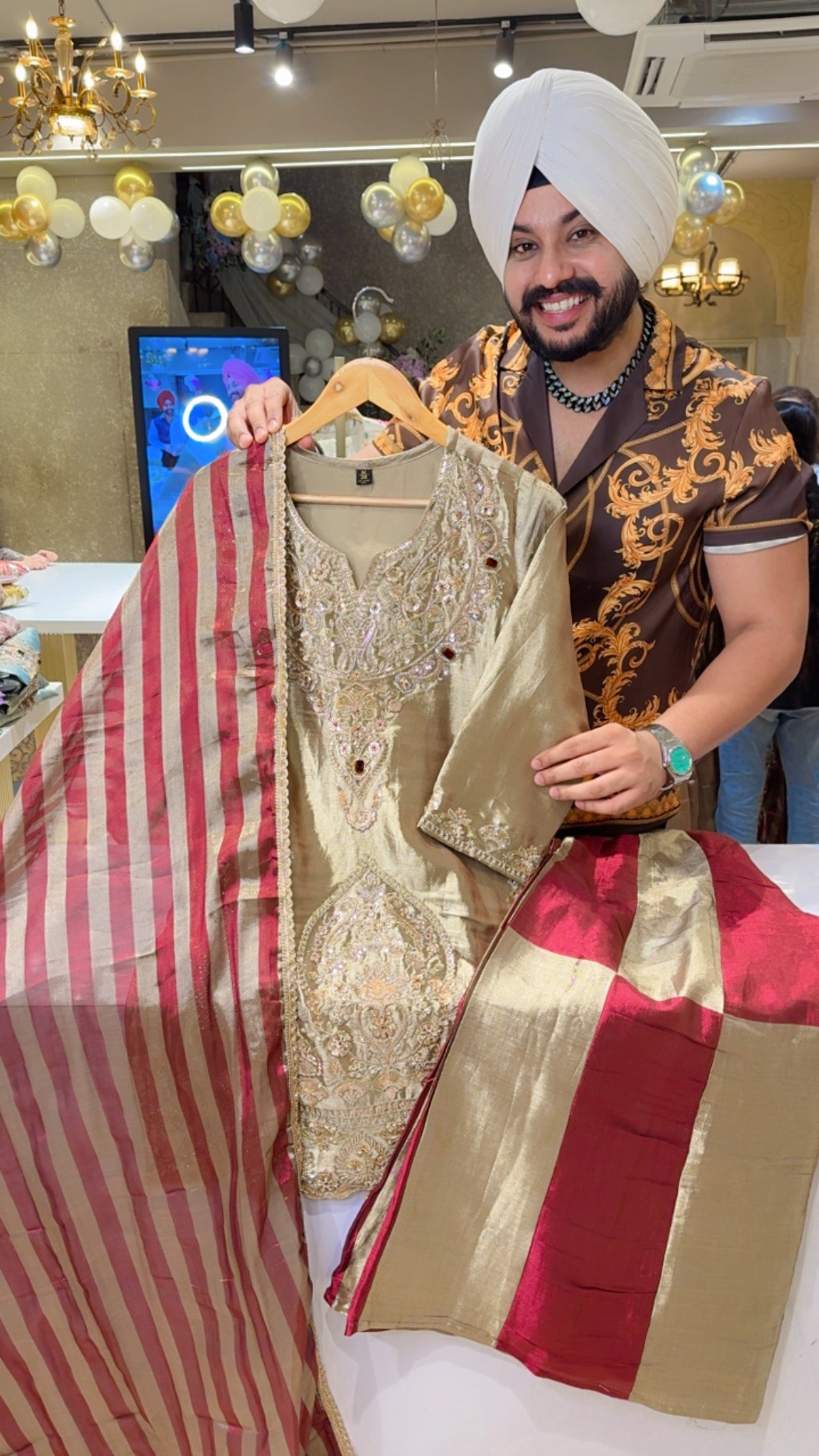 Metallic Gold & Maroon Shimmer Silk Premium Stone Hand embroidered Royal Partywear Sharara suit