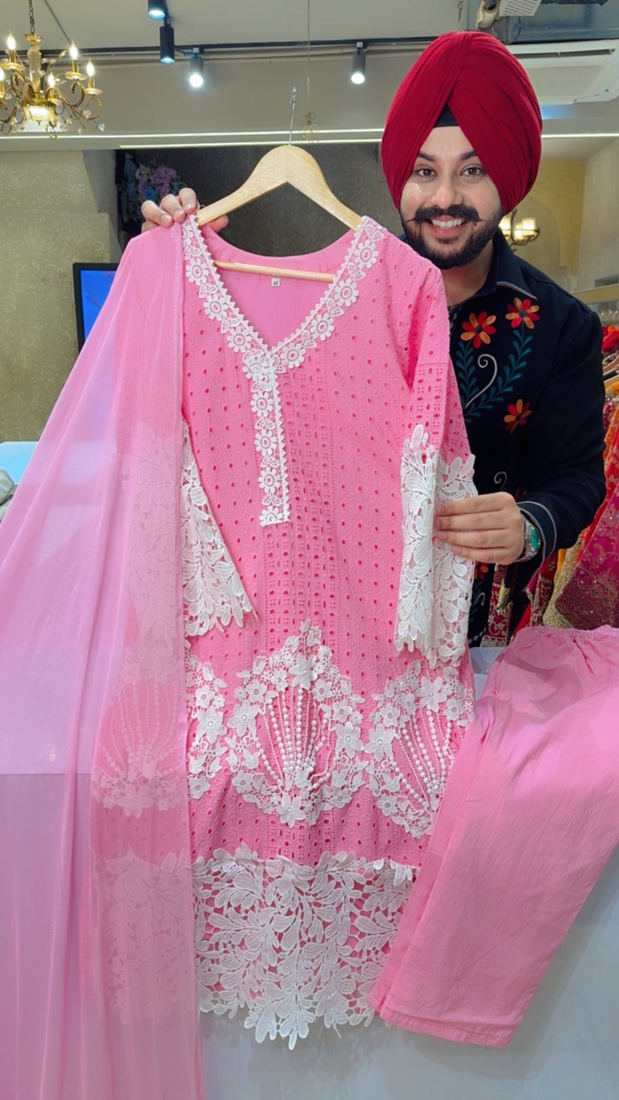 Rose Pink Cotton Beautiful Shifli & Crochet Work Party Wear straight Suit