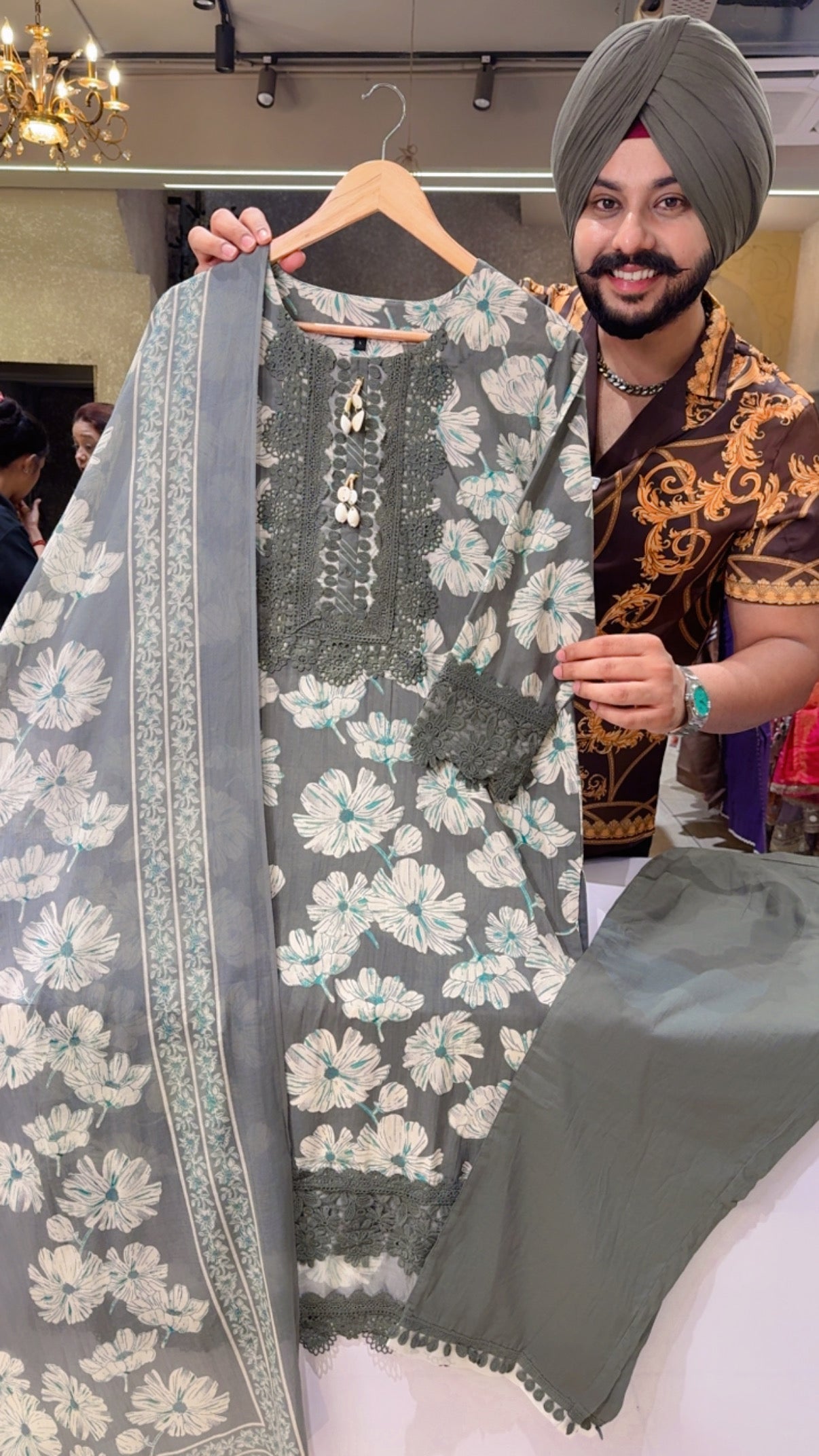 Grey pure Cotton Heavy Crochet Laces Floral Print Pakistani Suit