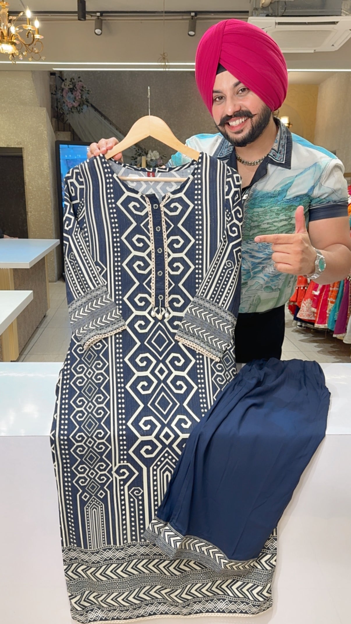 Dark Blue Rayon Long Length Office Wear Coord set with Sleek Crochet & Pearl work on Neck