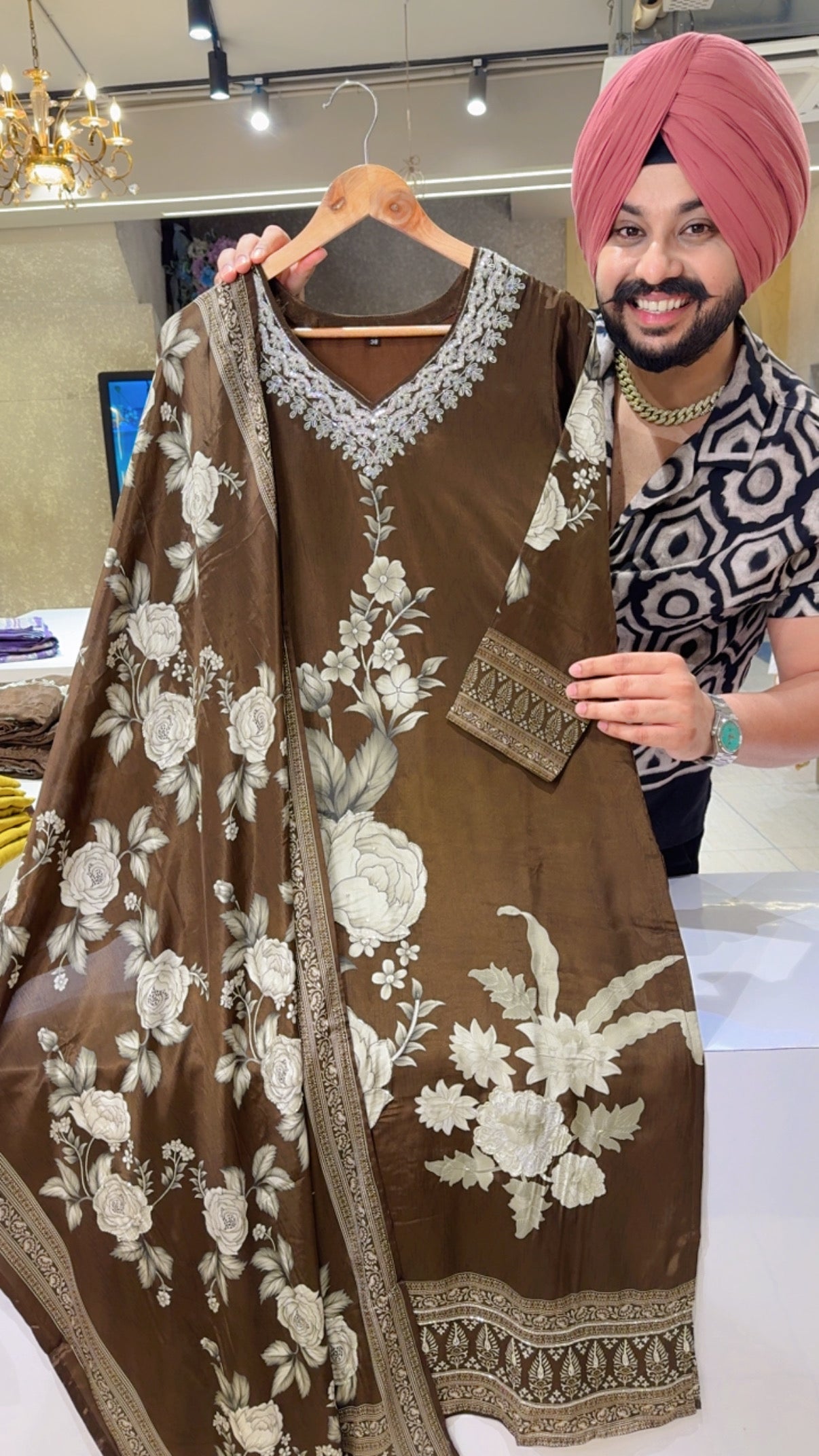 Coffee Brown Crepe Floral Print Hand embroidered Party Wear suit with Beautiful Crepe Duppata