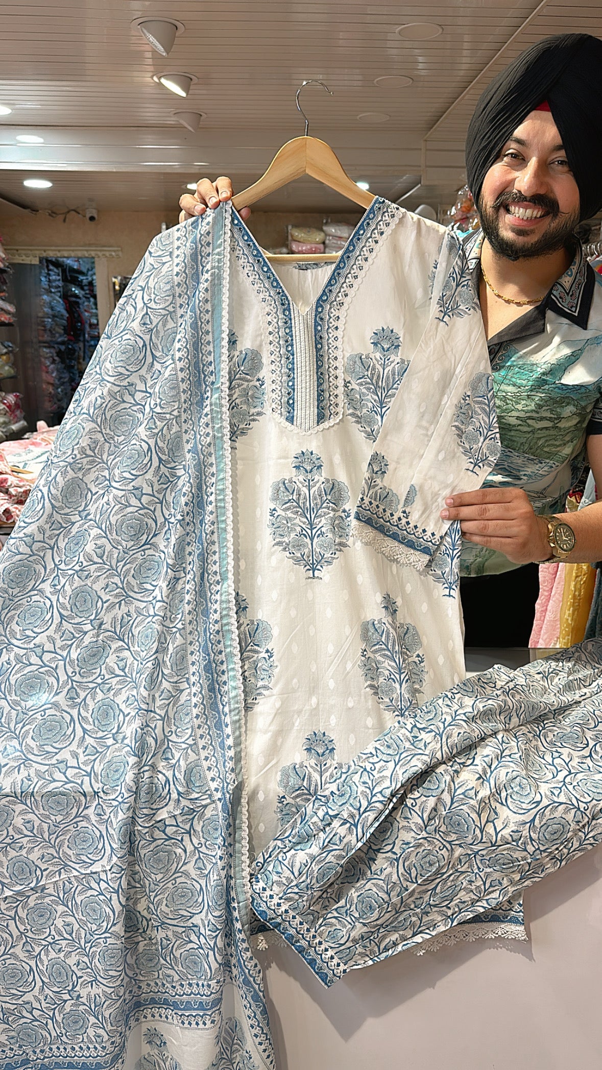 White & Blue pure Cotton Pathani suit