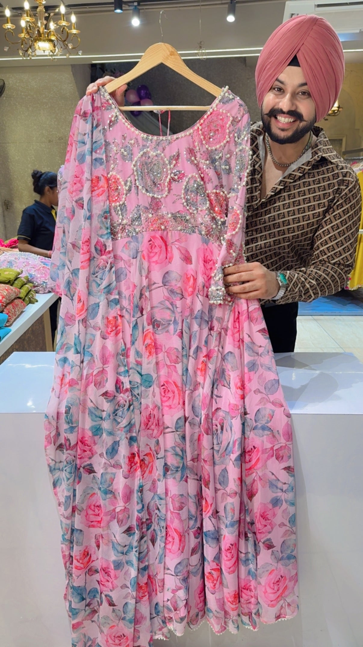 Pink Soft Chiffon Full Flair party Wear Semi Backless Anarkali Gown With Heavy Pearl Hand work On it