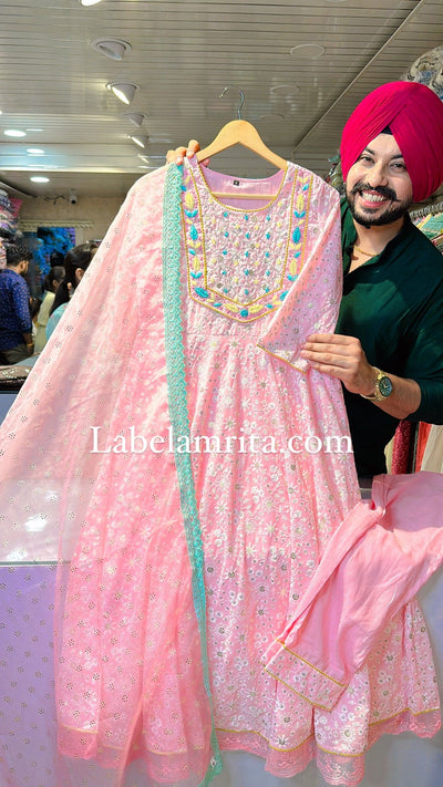Pink Georgette Anarkali Suit With Dupatta For Indian & Pakistani Wedding Festival - Mirror & Dori With Thread & Sequence Work