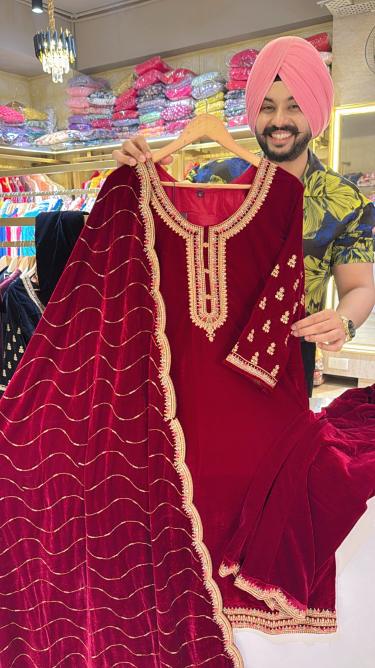 Reddish maroon Premium Velvet Straight suit with Heavy Embroidered Duppata