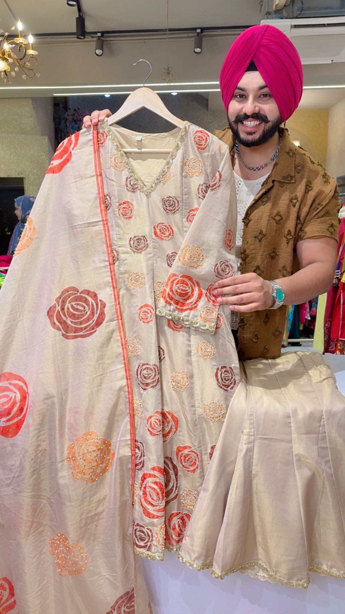 Goldenish Beige Shimmer Silk Full Embroidered & Beats Pasting Anarkali Suit with Stylish Bell Botton Sharara