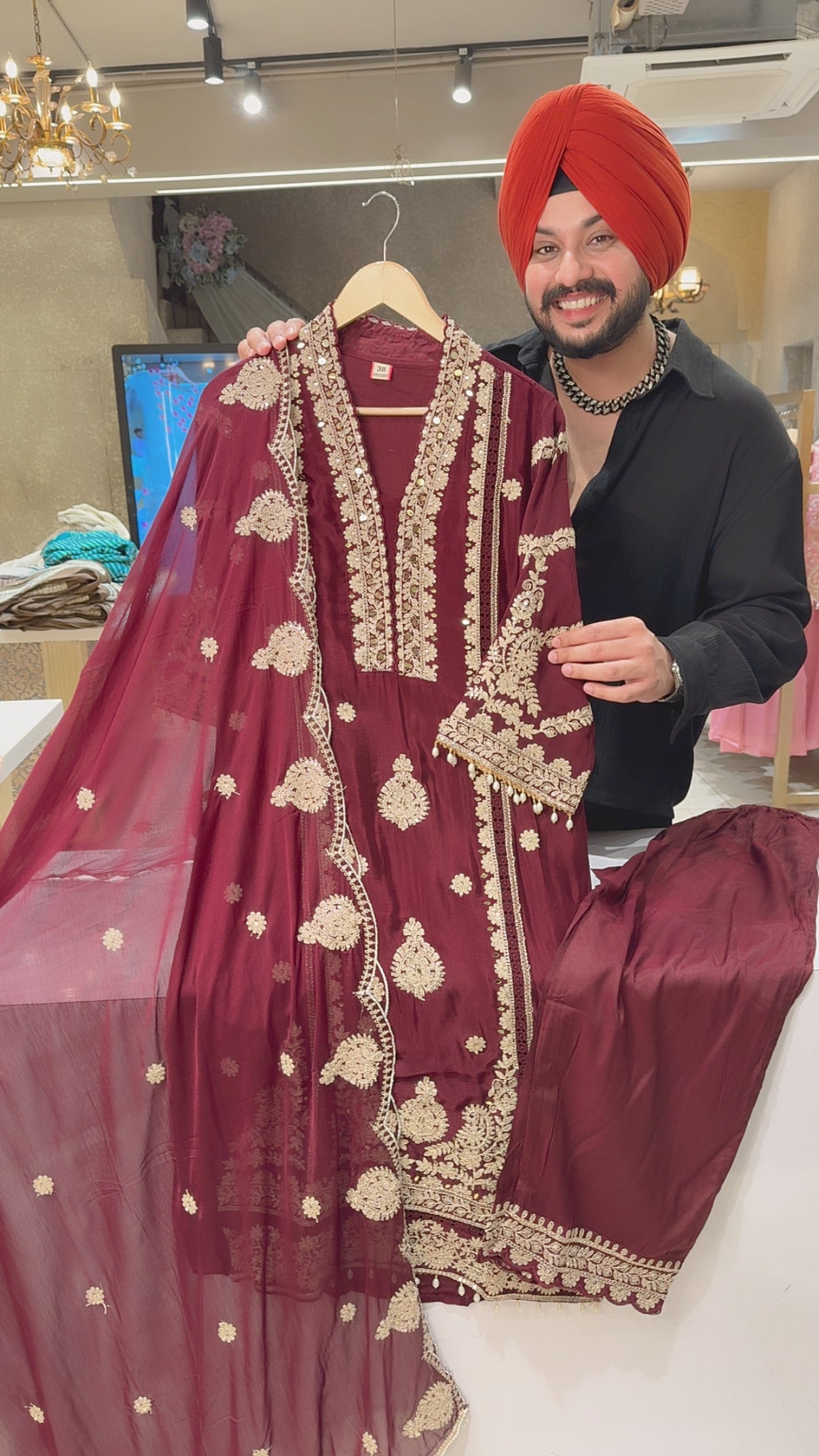 Dark Maroon Chinon Heavy embroidered & Pearl Work Straight Suit with Beautiful Duppata