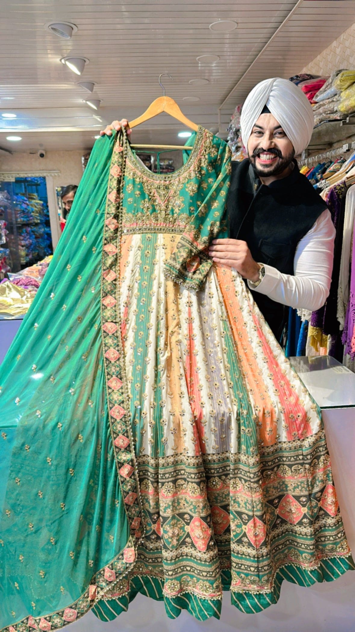 Green Multi coloured mirror Hand Work Chinon Heavy Gown with Beautiful Duppata