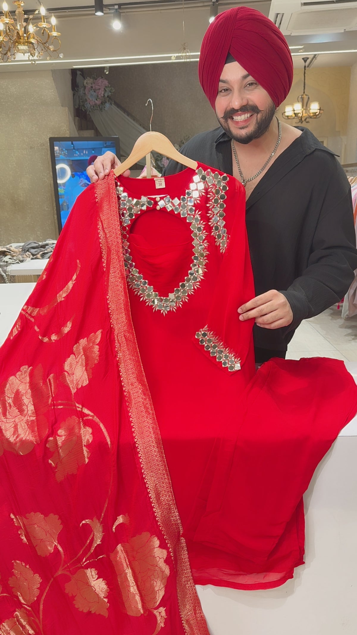 Red Georgette Designer Mirror Neck Party Wear Straight Suit with Banarasi look Duppata