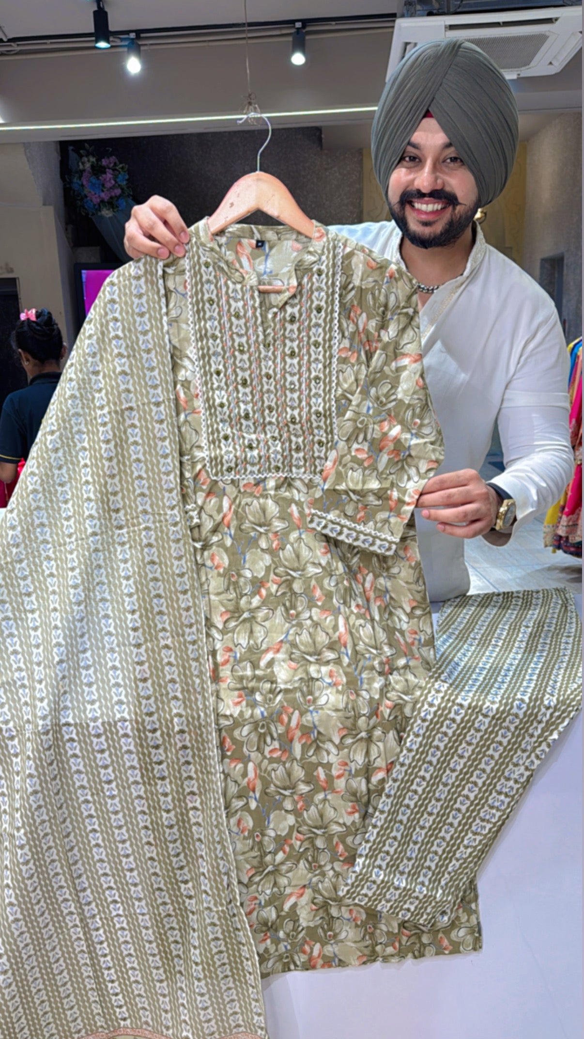 Light olive Pure Cotton Office Wear Straight Suit with Sleek Embroidery Work on neck