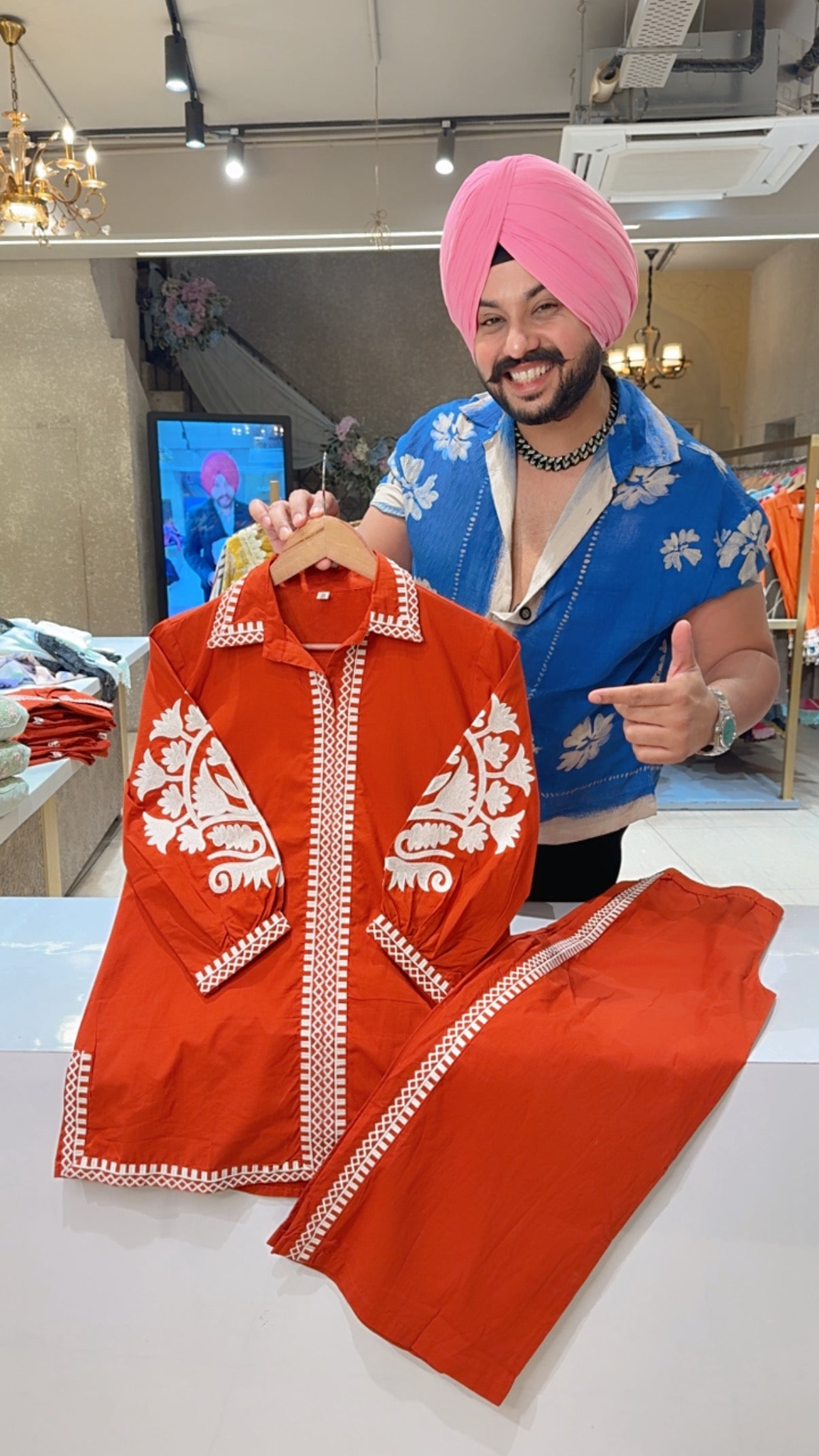 Rusty Orange Beautifully Embroidered Collar Neck Airport look Stylish Coord set