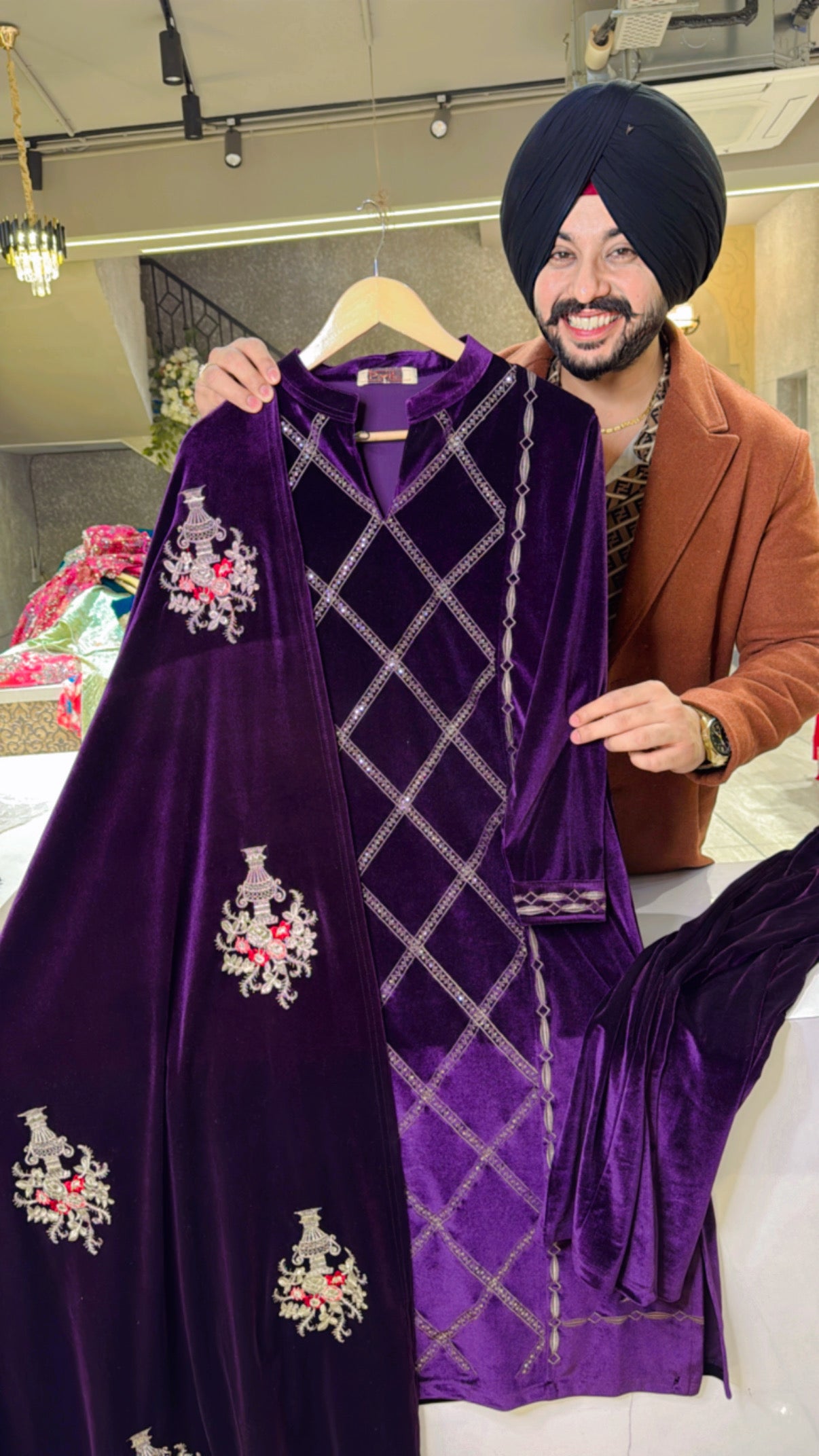 Purple Heavy Velvet Fully Stretchable party Wear Straight Suit with Heavy Embroidered Duppata