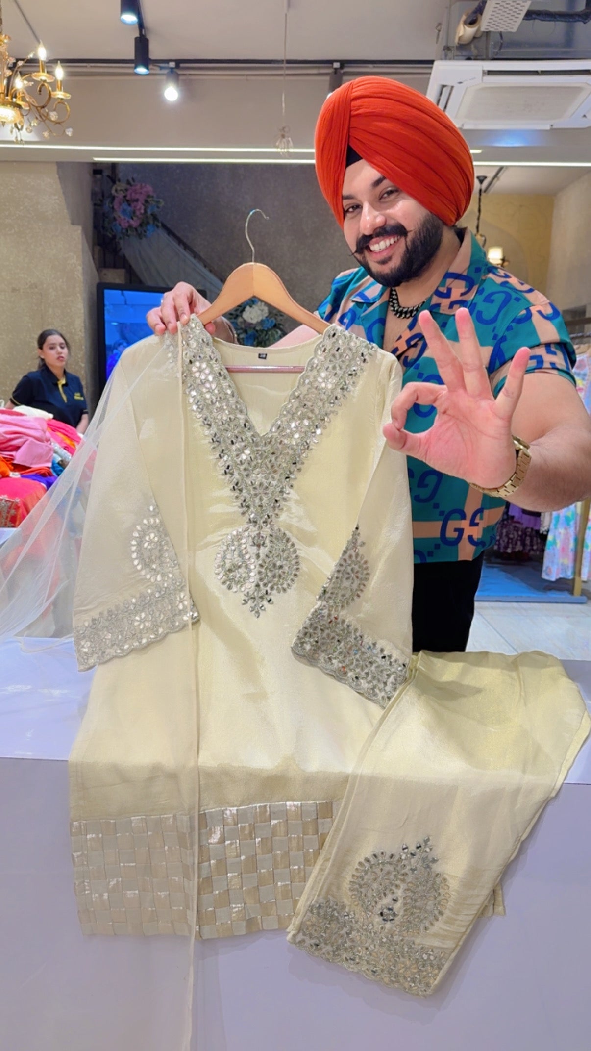 Ivory Colour Shimmer Silk Heavy mirror Embroidered Indowestern Suit Sleek Net Duppata