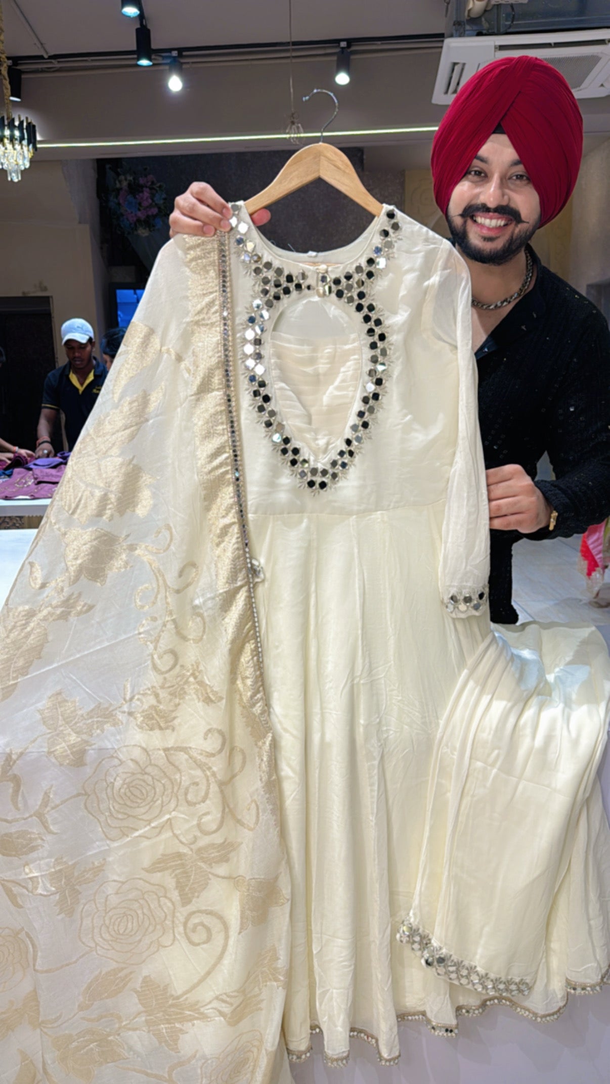 Off White Georgette Heavy Mirror work Designer neck Anarkali Suit with Beautiful Banarasi look Duppata