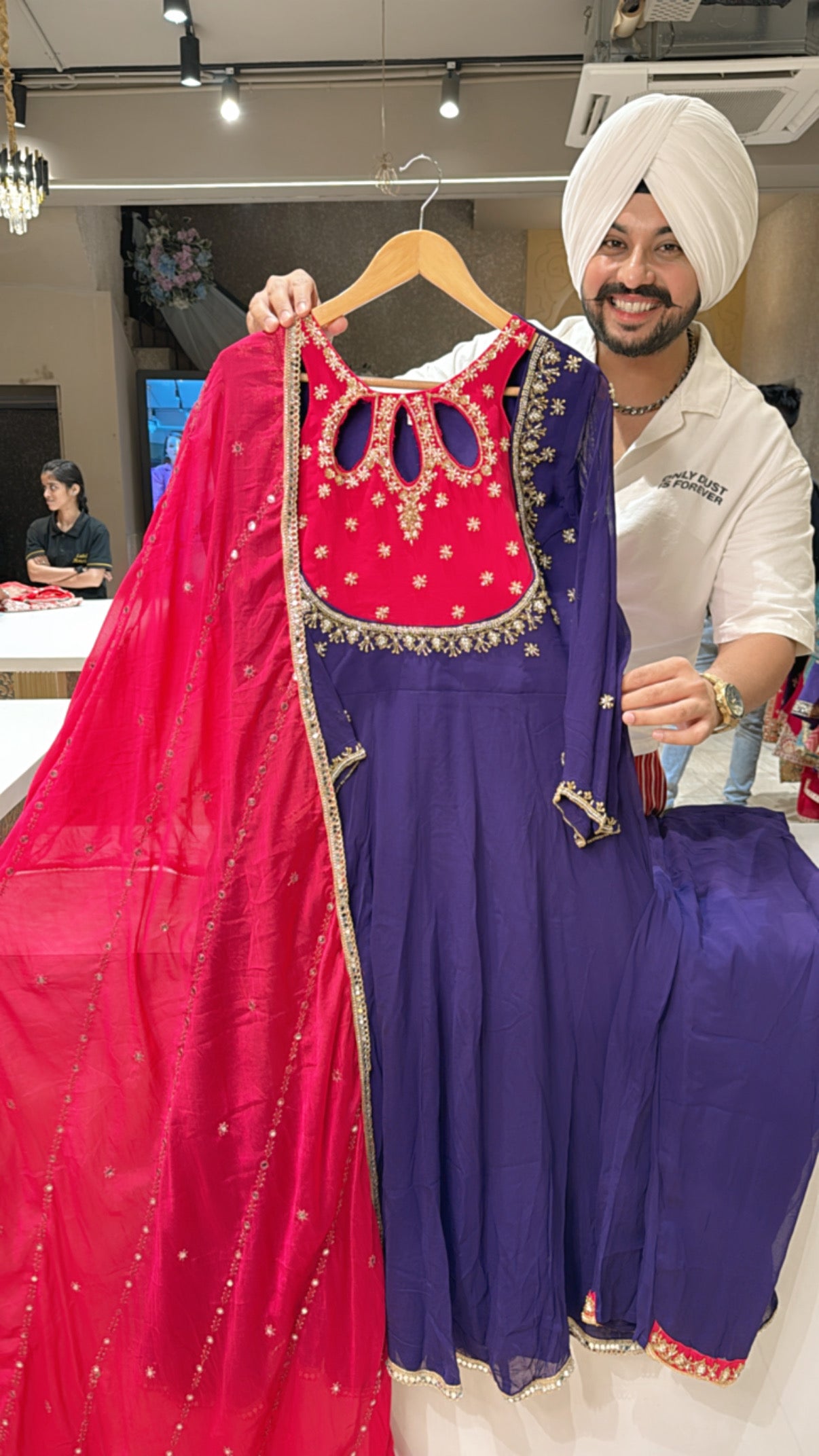 Purple & Hot Pink Georgette Heavy Hand embroidered Designer Neck Anarkali Suit with Embroidered Chinon Duppata