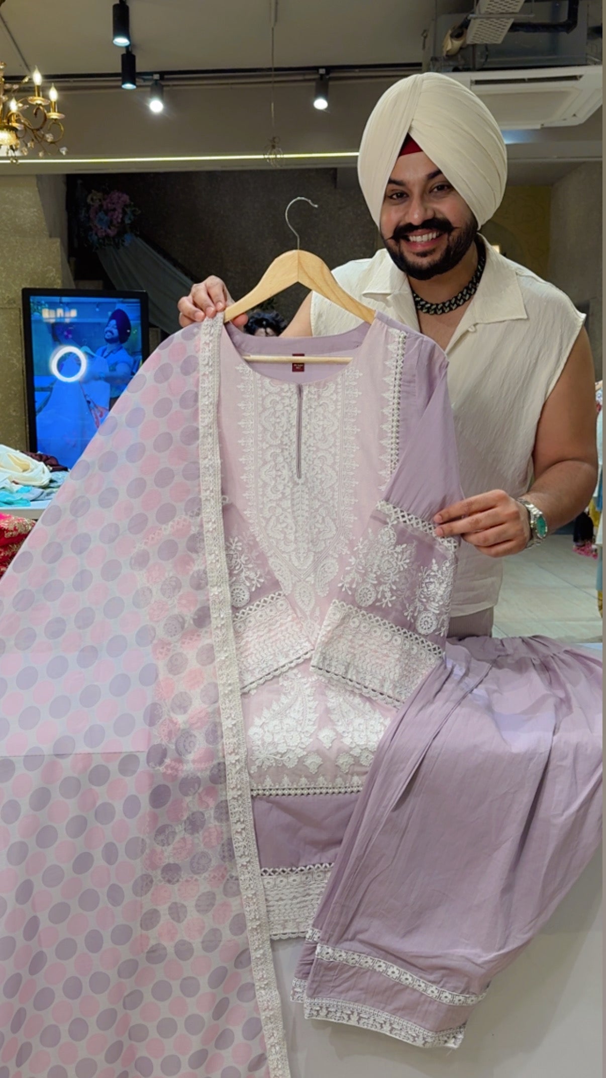 Lilac Pure Cotton Heavy Embroidered Farshi Salwar Suit with Beautiful Duppata