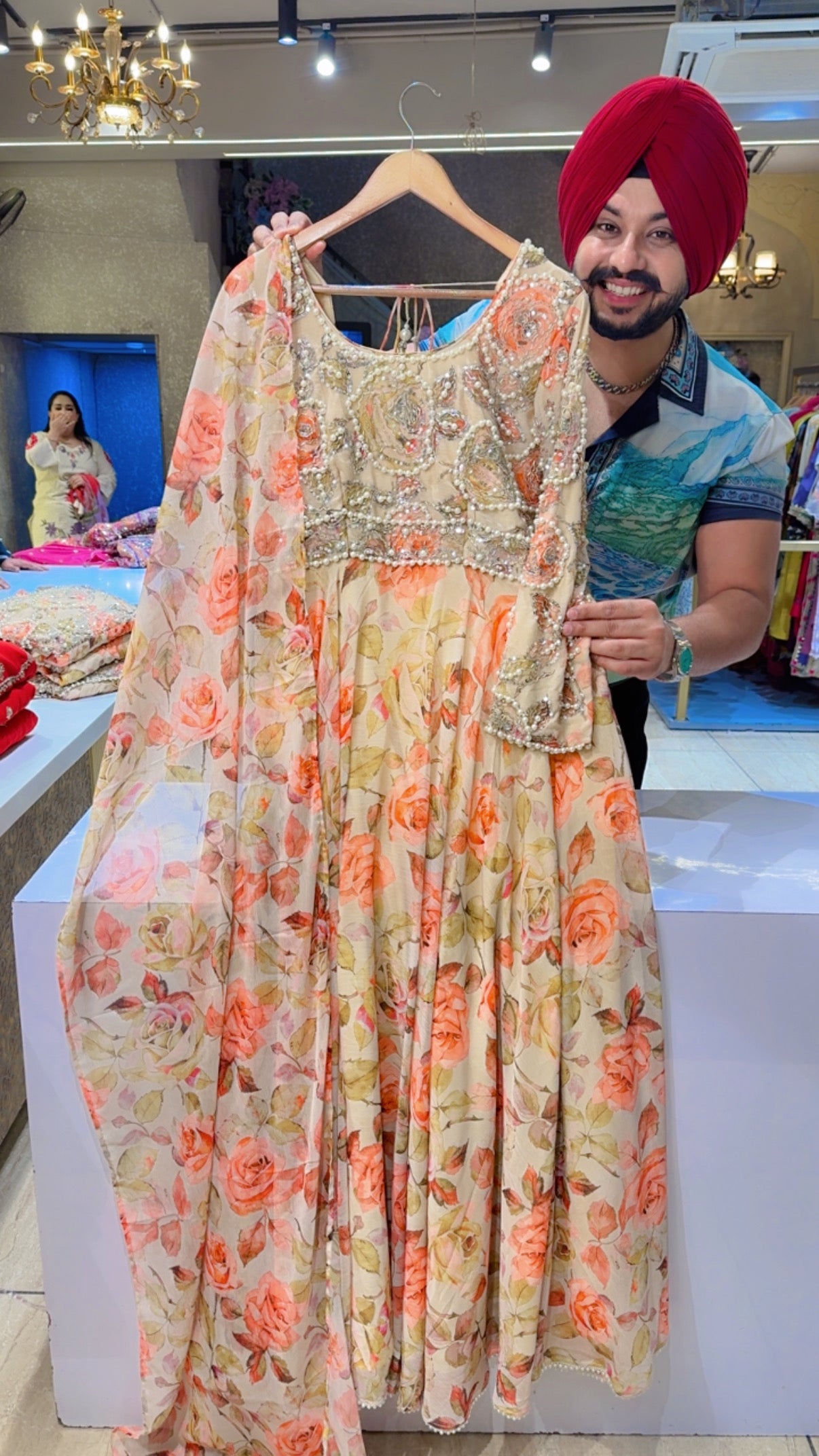 Beige & Peach Floral Print Heavy Pearl Handwork Full Flair Semi backless Party wear Anarkali Gown with Beautiful Stole