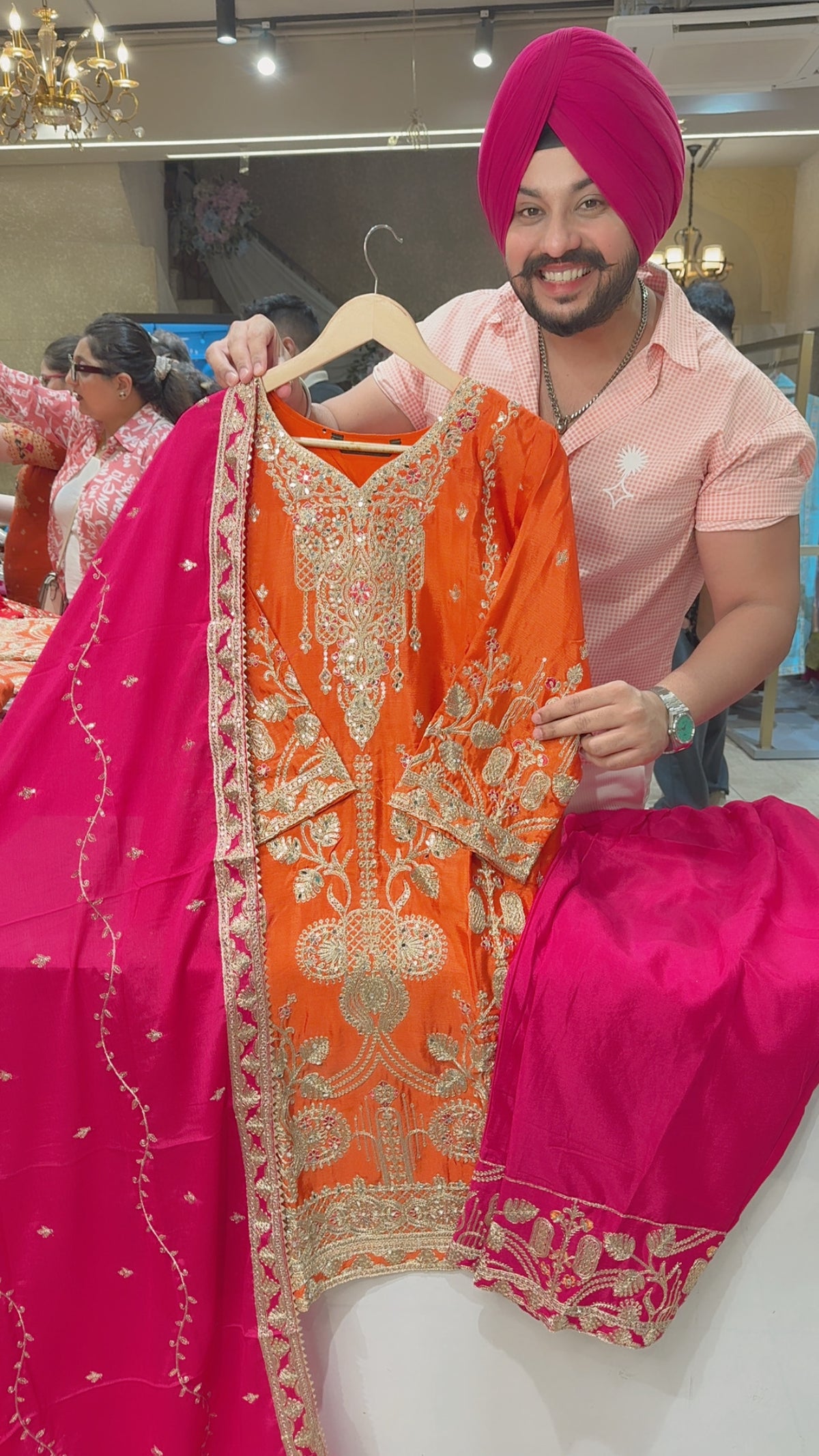 Orange & Rani Chinon Heavy Embroidered Farshi Salwar Suit with Beautiful Duppata