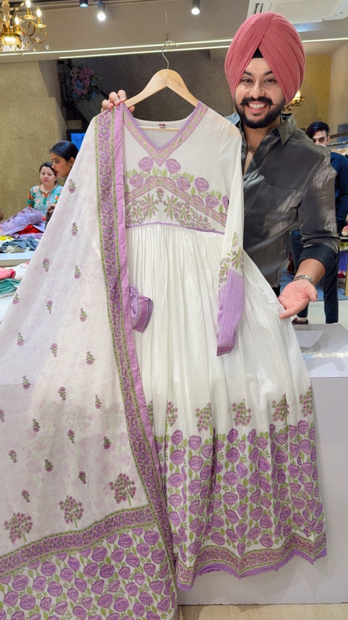 Moon White & Purple Mal Cotton Summerish Anarkali Gown with beautiful Duppata