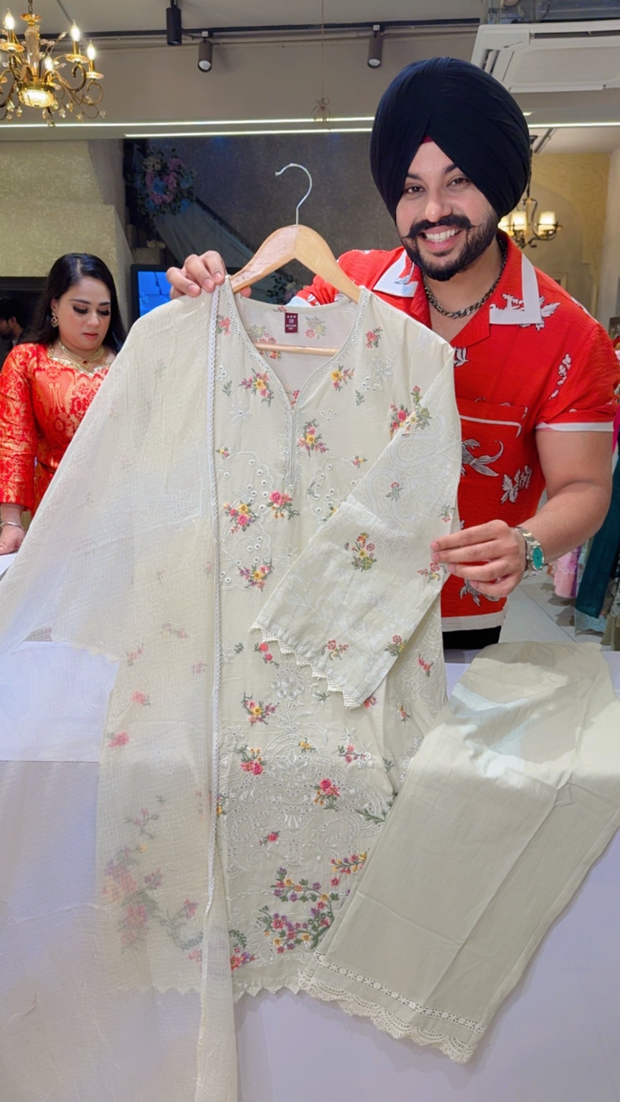 Creamish Beige Pure Cotton Fully Embroidered & Cut Work Kashmiri Suit with Beautiful Kota Doria Duppata