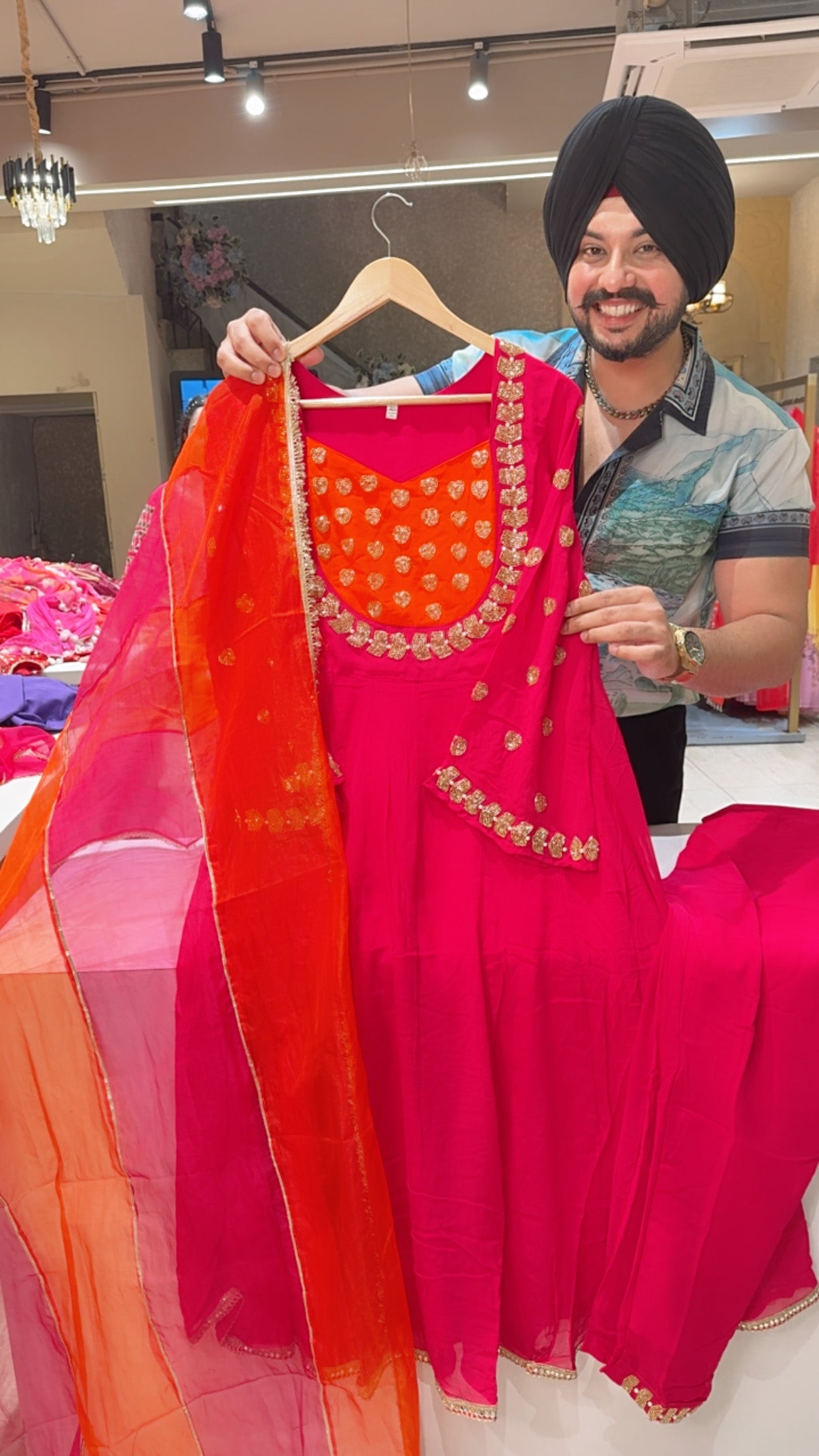 Hot Pink Georgette Hand embroidered Party wear Anarkali Suit with Beautiful Organza Duppata