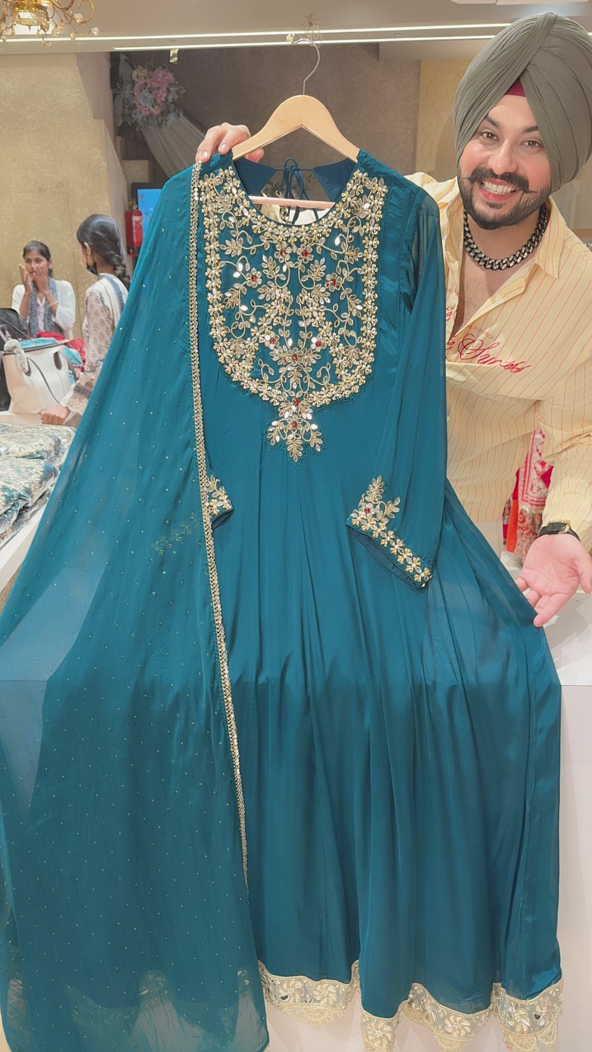 Peacock Chinon Heavy Hand & Stone Work Full Flair Anarkali Gown With Beautiful Duppata