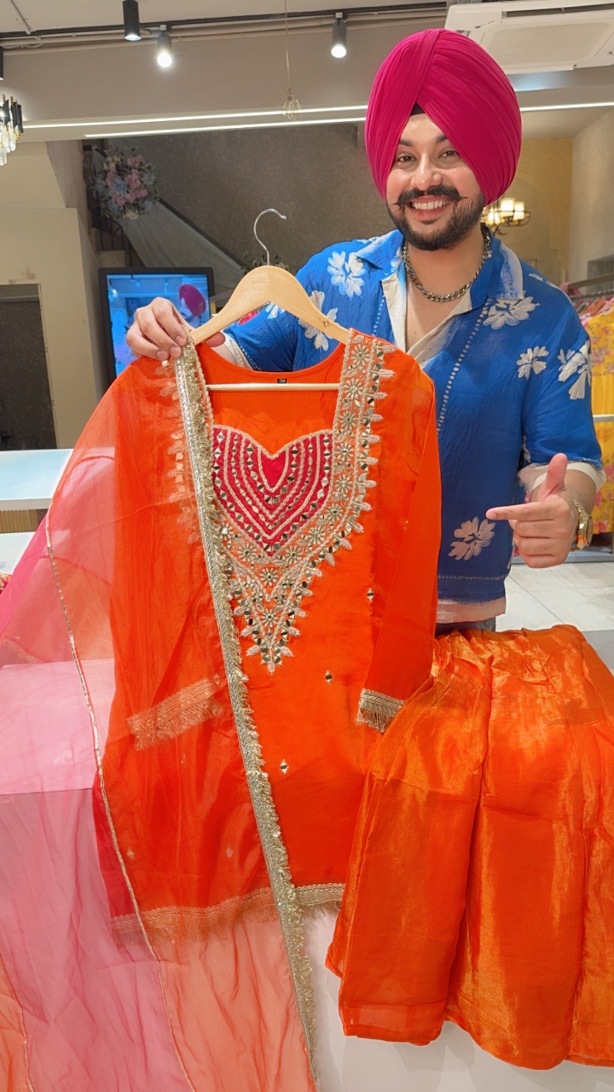Orange Shimmer Organza Bell Bottom Sharara Set With Heavy Embroidered & mirror Work on it