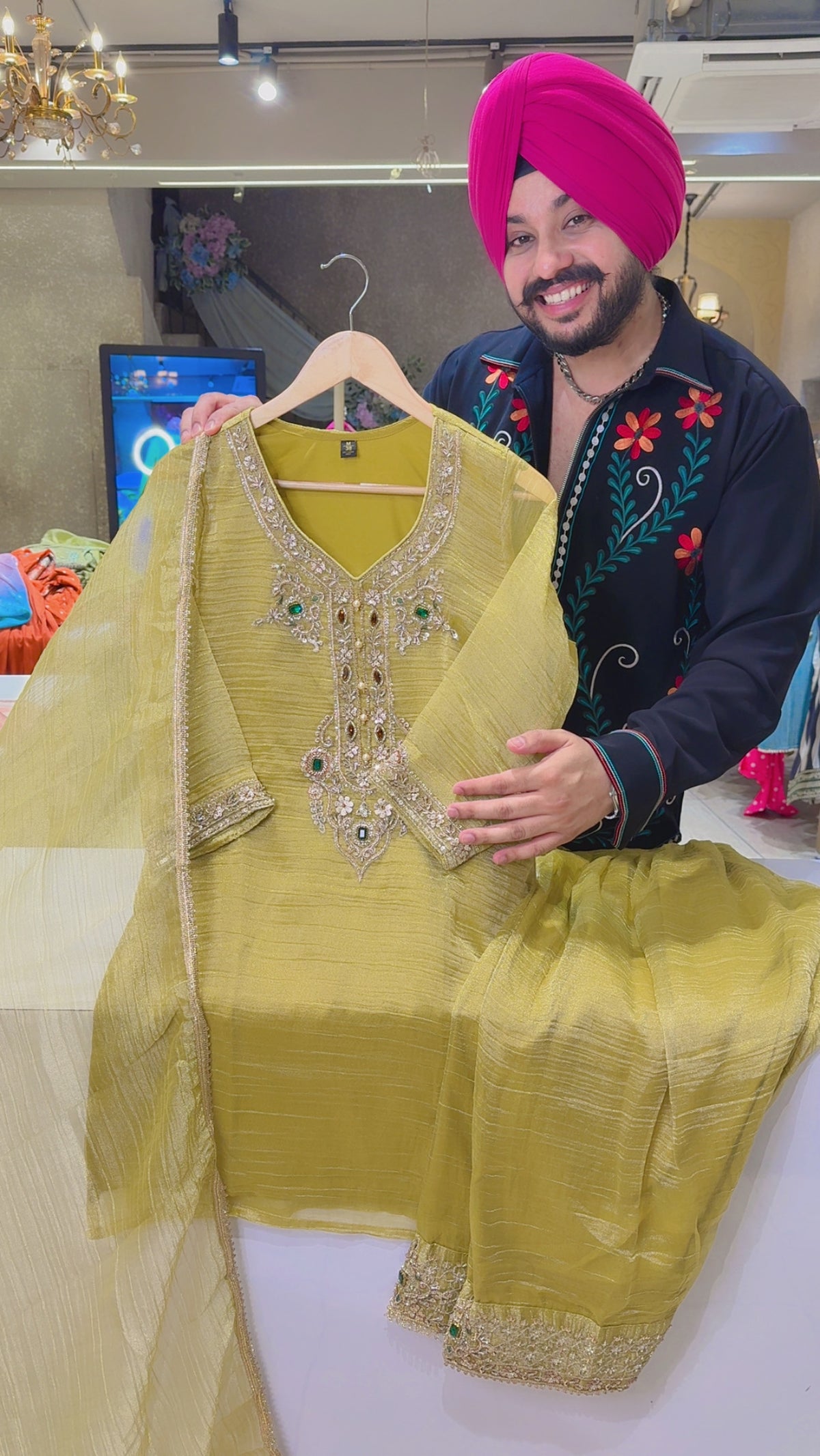 Yellow Salsa Fabric Heavy Stone hand embroidered Partywear Farsgi Salwar Suit
