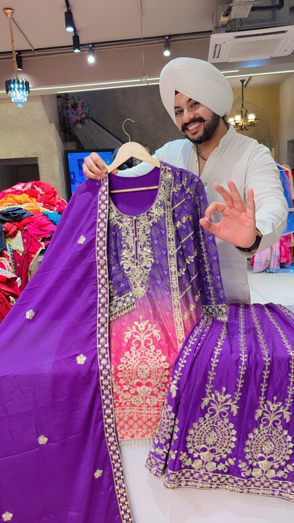 Purple Chinon Bandhej Print heavy embroidered Full Flair Sharara Set