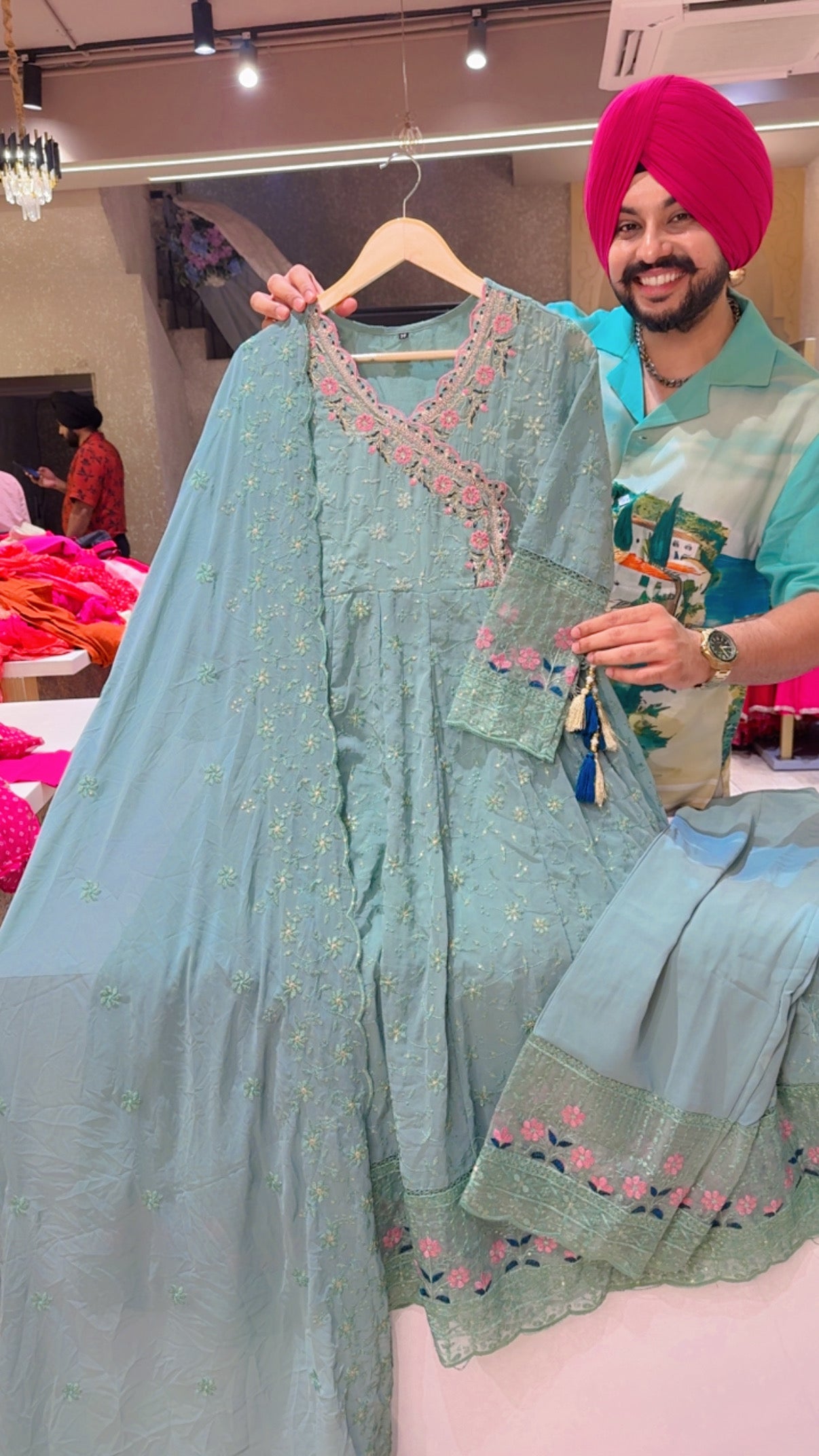 Light Seagreen Georgette Heavy embroidered Angrakha Full Flair Anarkali Suit with Embroidered Duppata